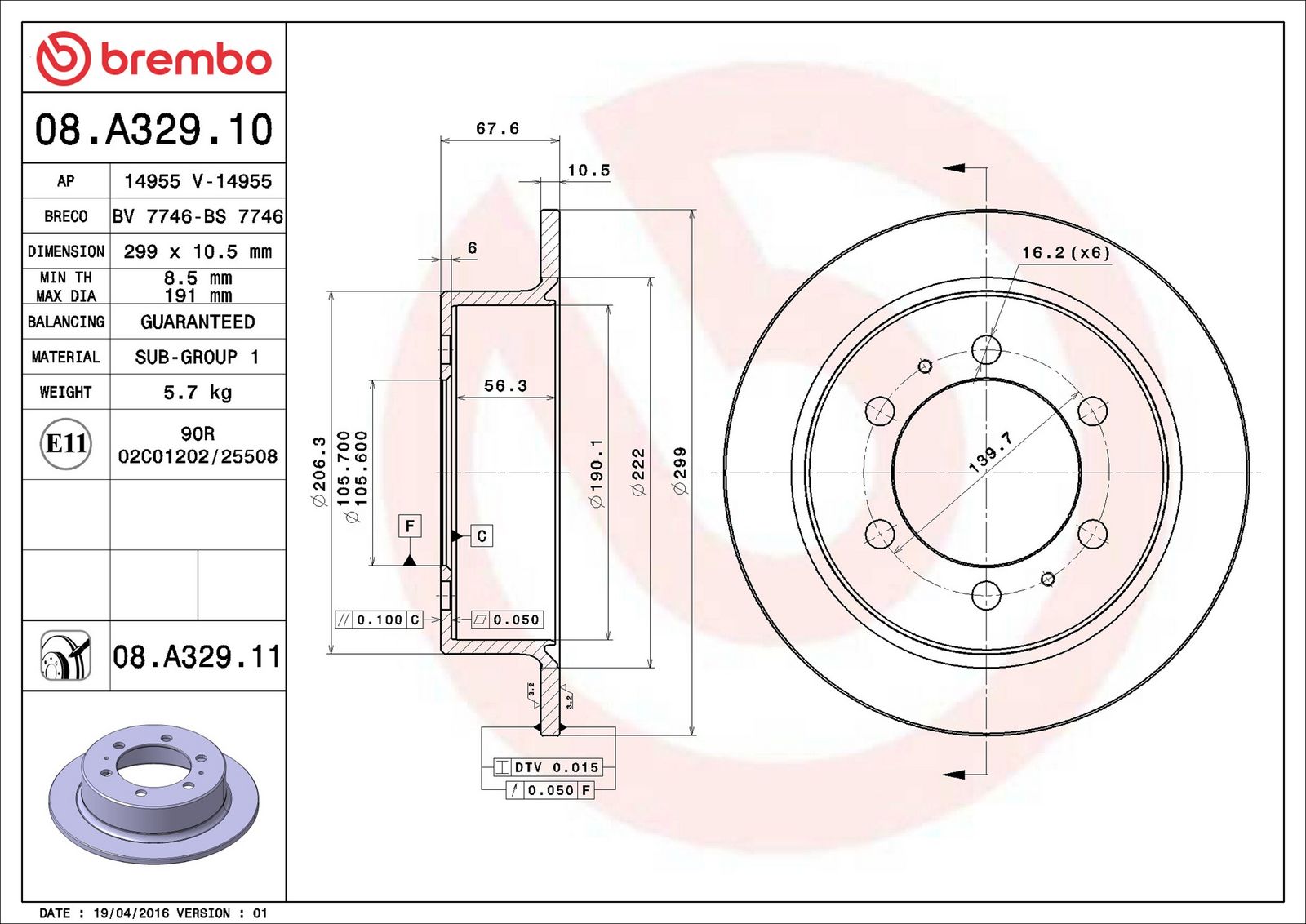 BREMBO 08.A329.11 - Bremsscheibe