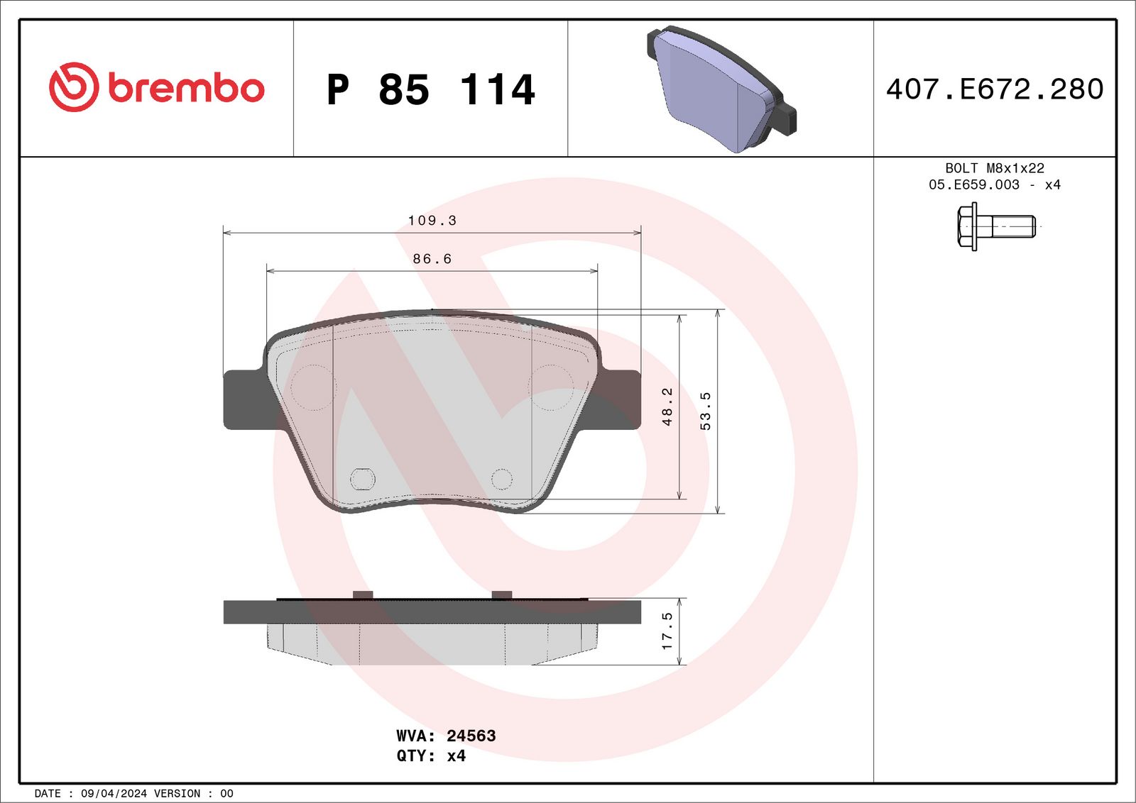 BREMBO P 85 114 - Bremsbelagsatz, Scheibenbremse