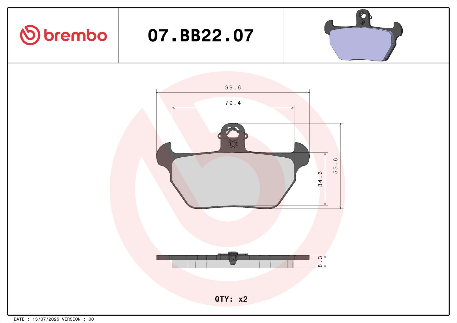 BREMBO 07BB2207 - Bremsbelagsatz, Scheibenbremse