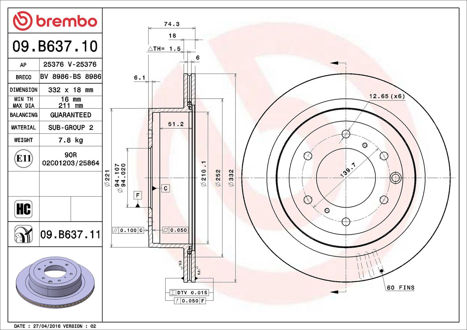 BREMBO 09.B637.11 - Bremsscheibe