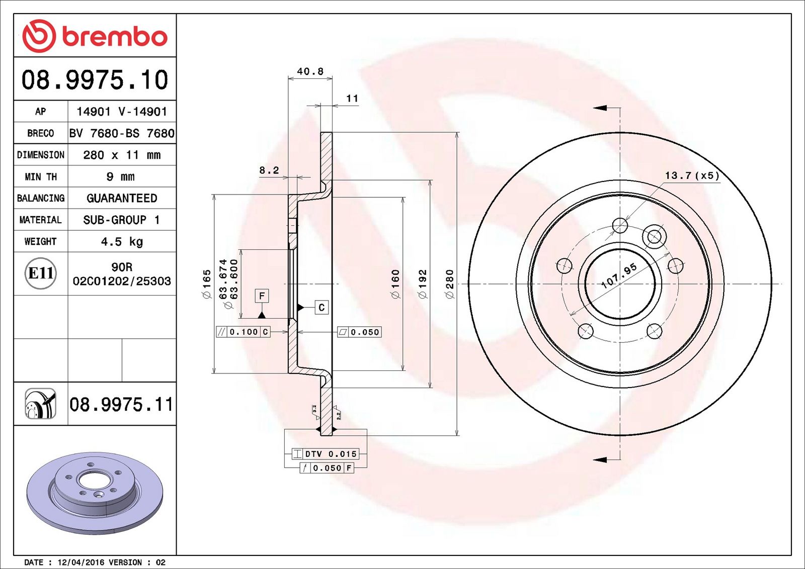 BREMBO 08.9975.11 - Bremsscheibe