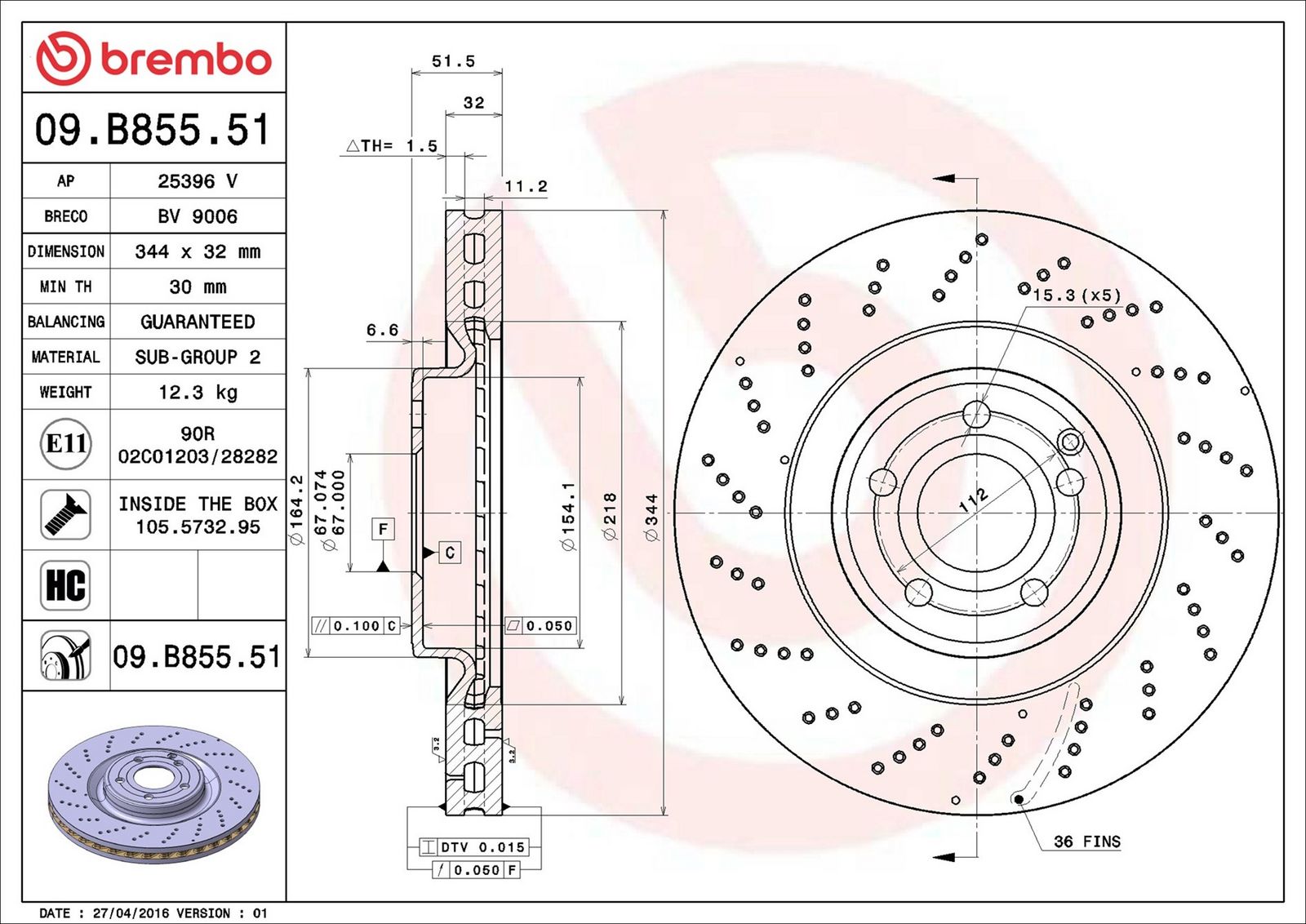 BREMBO 09.B855.51 - Bremsscheibe