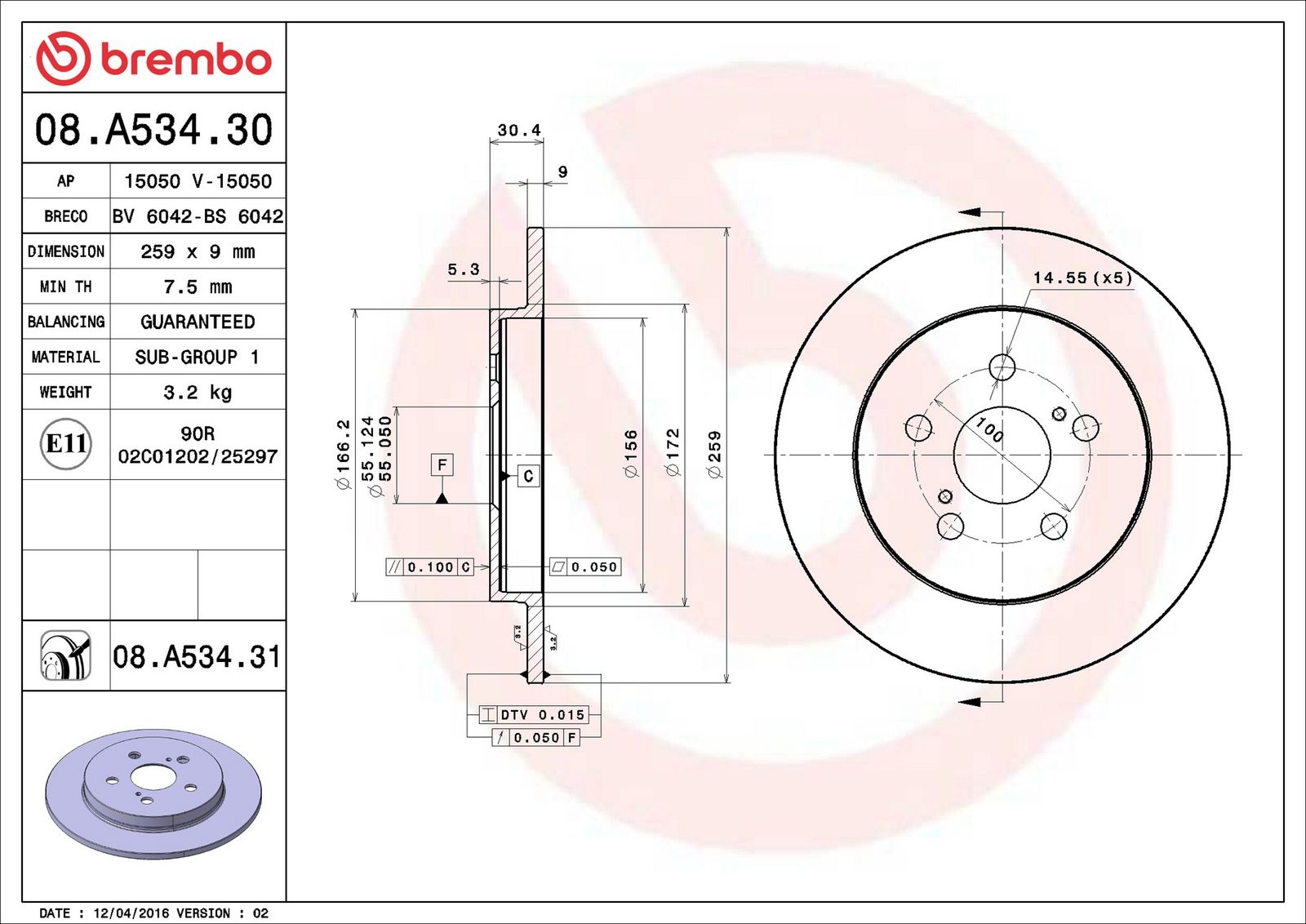 BREMBO 08.A534.31 - Bremsscheibe