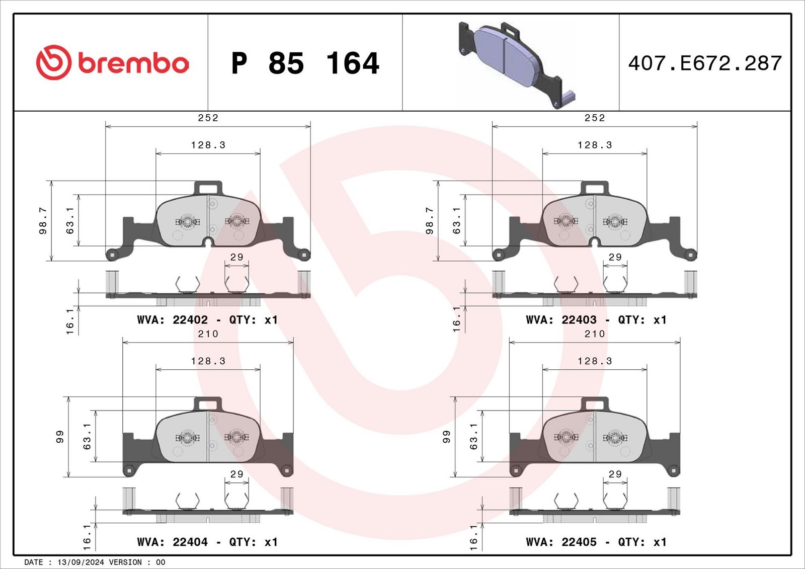 BREMBO P 85 164 - Bremsbelagsatz, Scheibenbremse