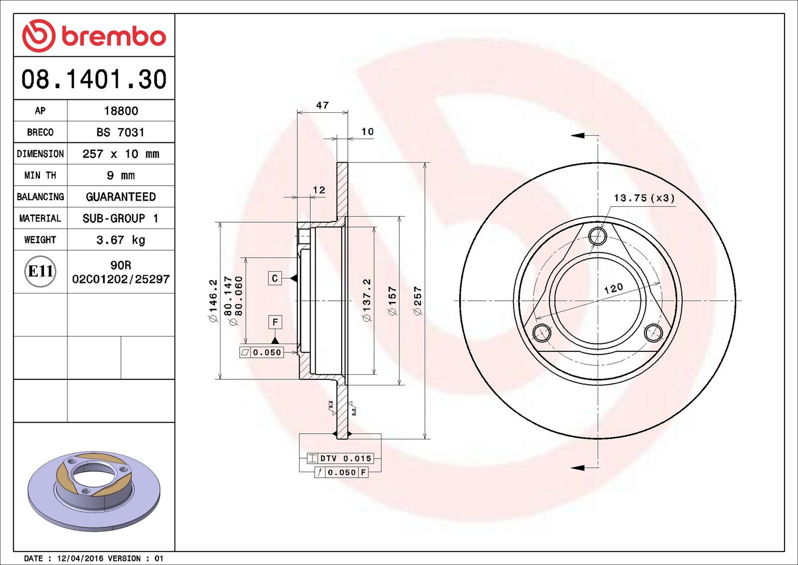 BREMBO 08.1401.30 - Bremsscheibe