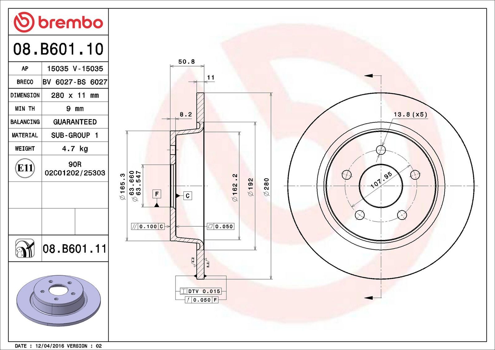 BREMBO 08.B601.11 - Bremsscheibe