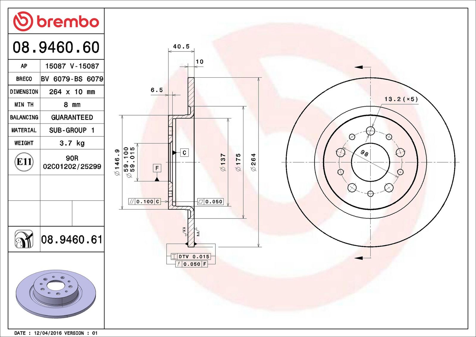 BREMBO 08.9460.61 - Bremsscheibe