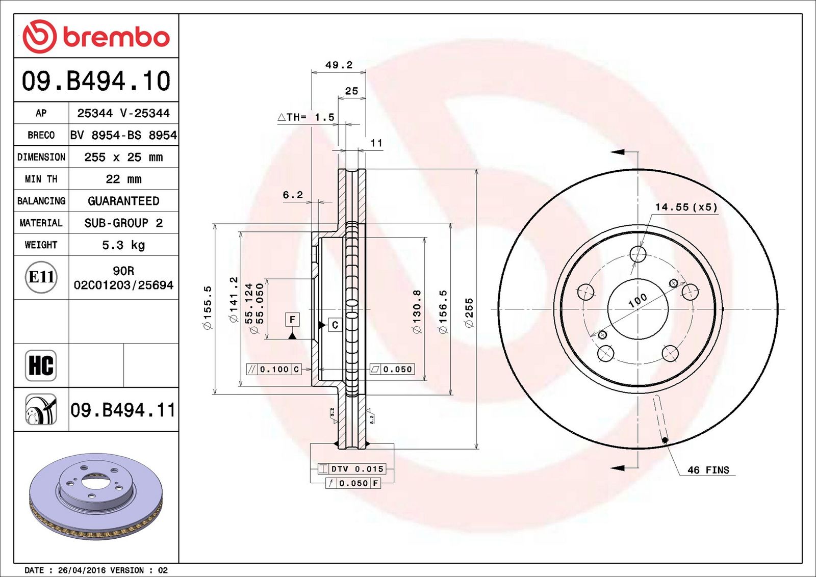BREMBO 09.B494.11 - Bremsscheibe