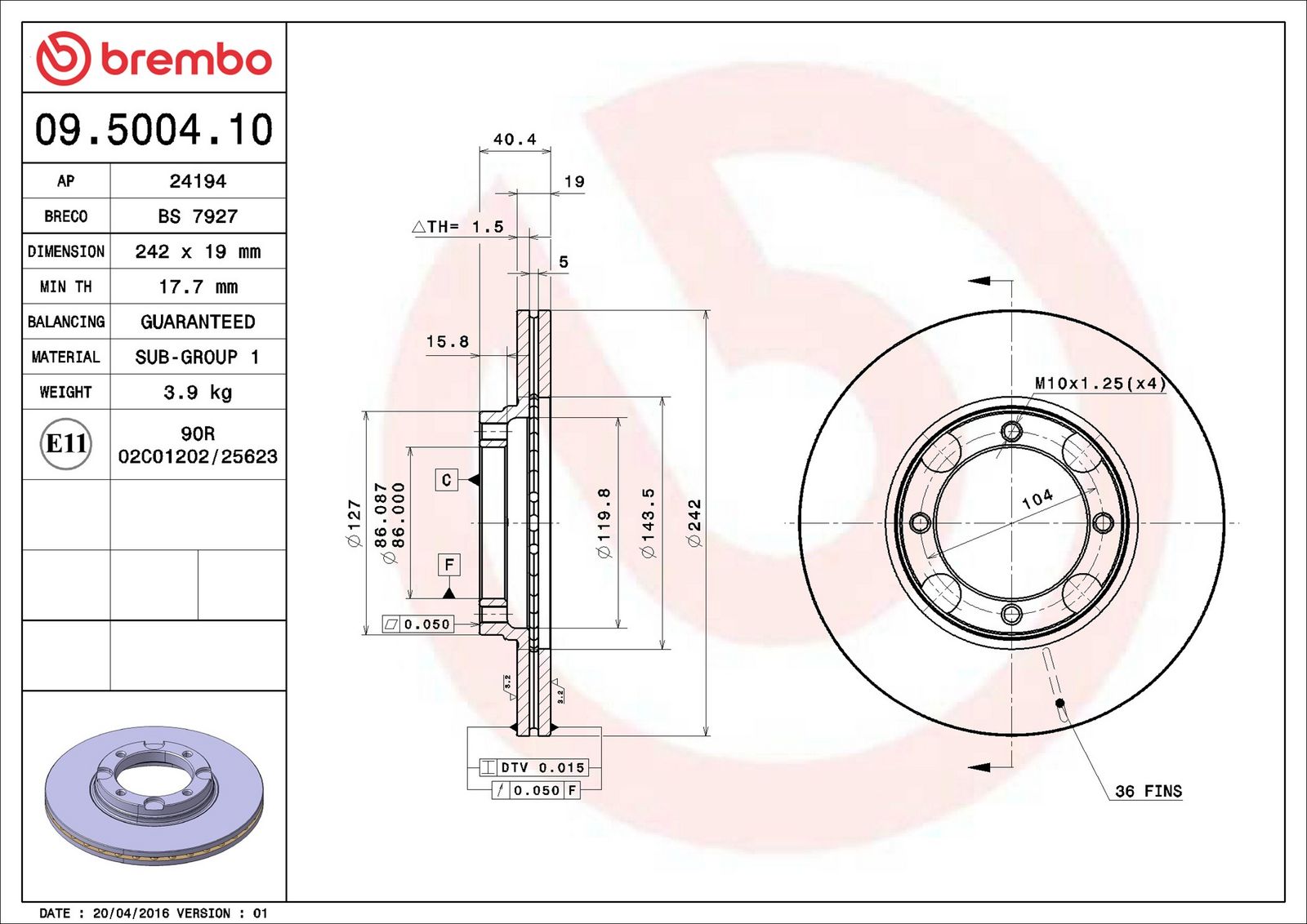 BREMBO 09.5004.10 - Bremsscheibe