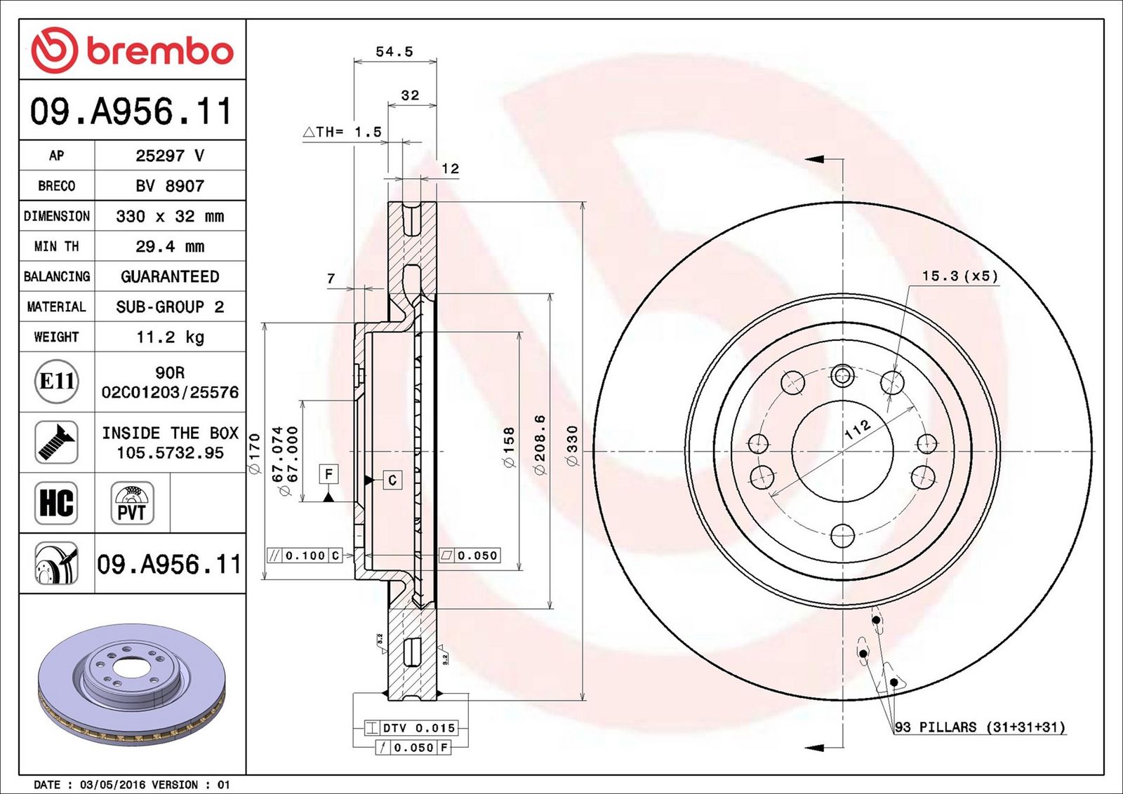 BREMBO 09.A956.11 - Bremsscheibe