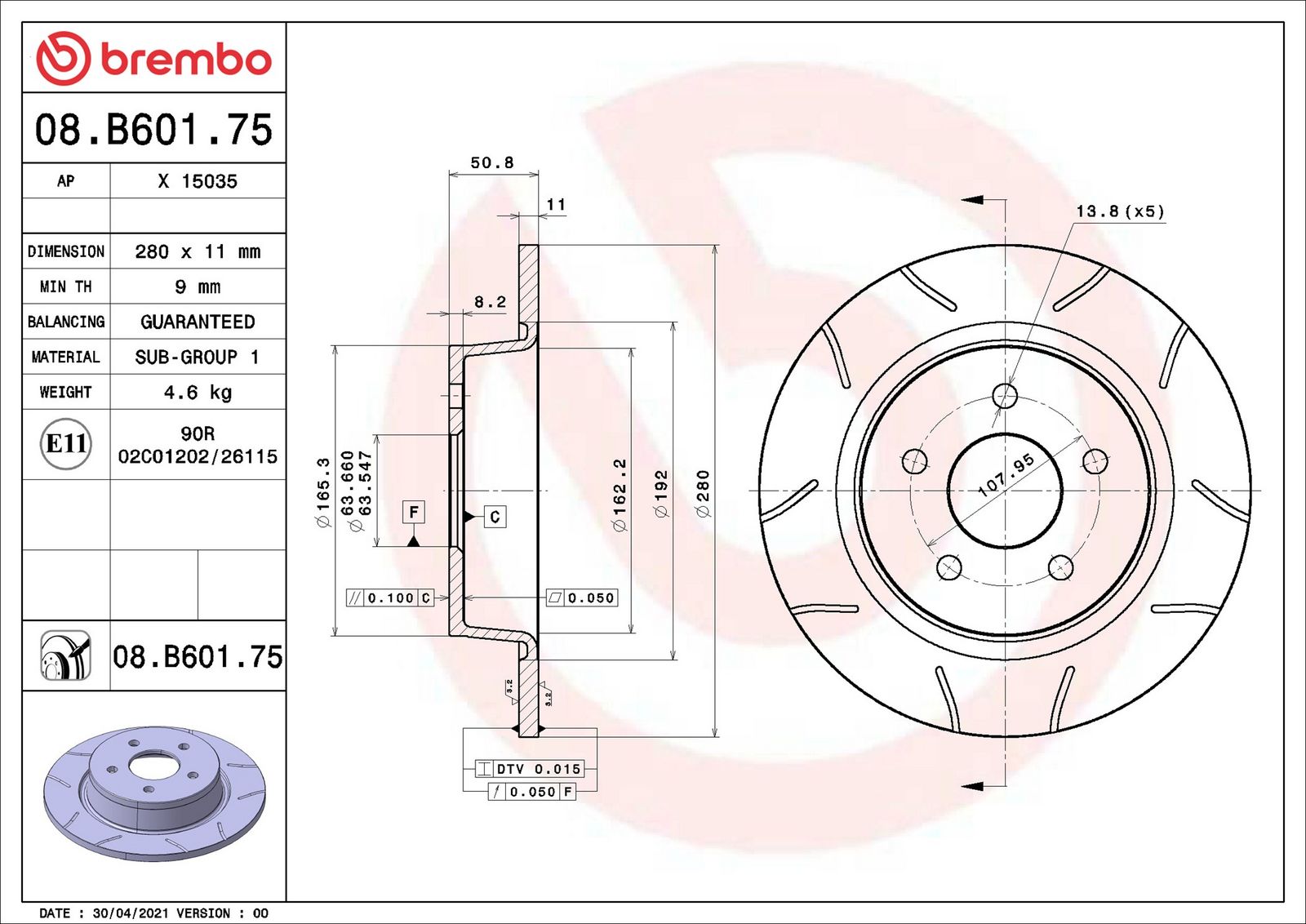 BREMBO 08.B601.75 - Bremsscheibe