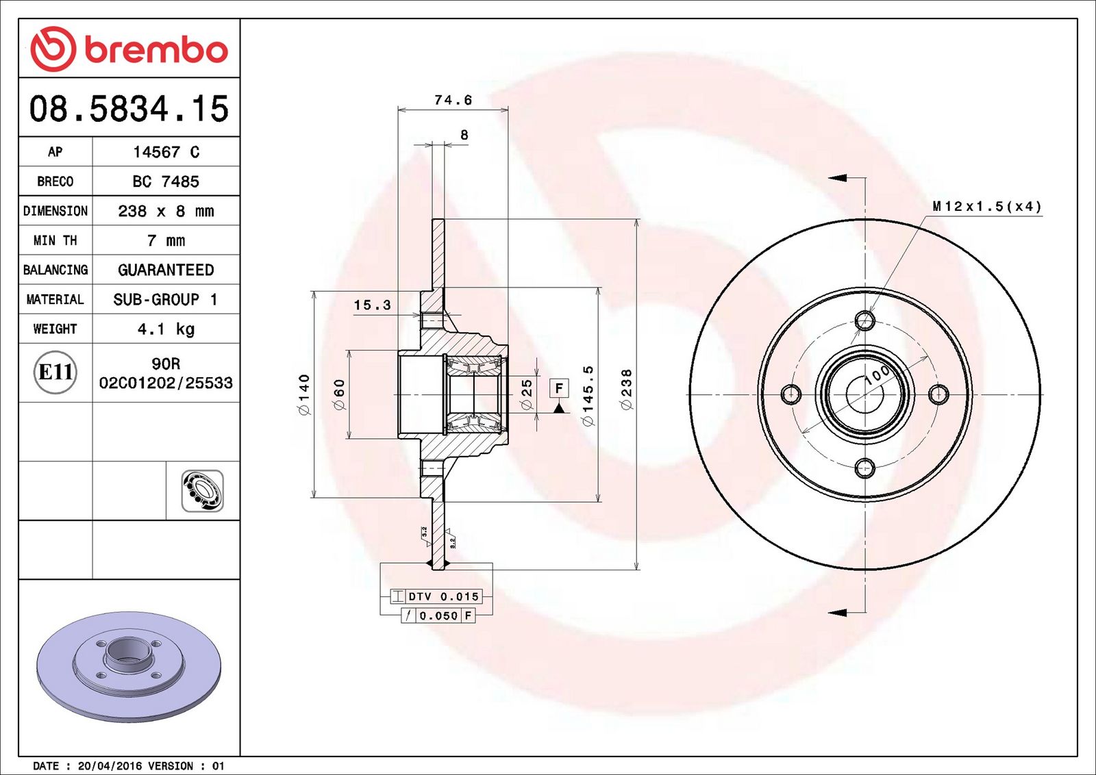 BREMBO 08.5834.15 - Bremsscheibe