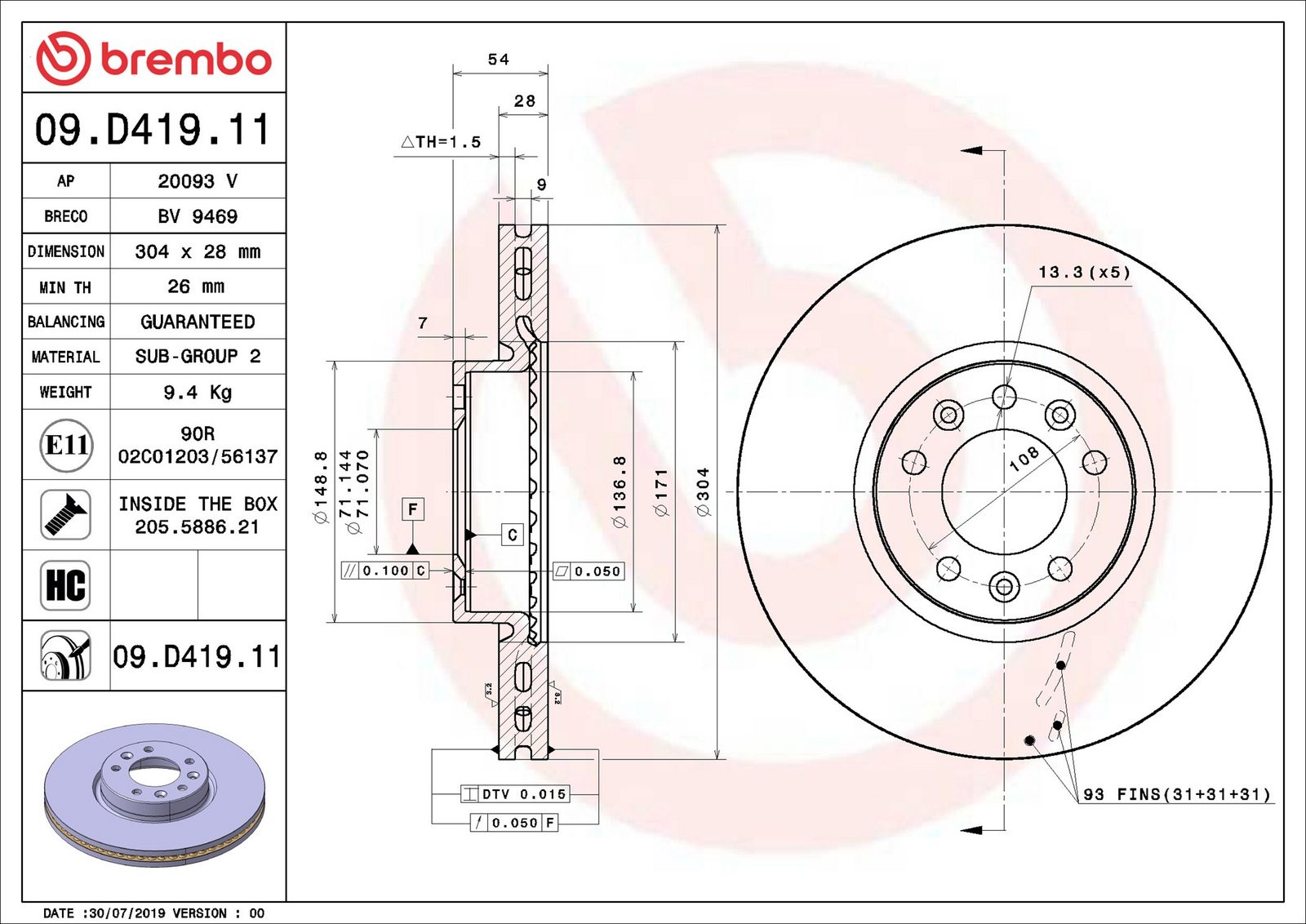 BREMBO 09.D419.11 - Bremsscheibe