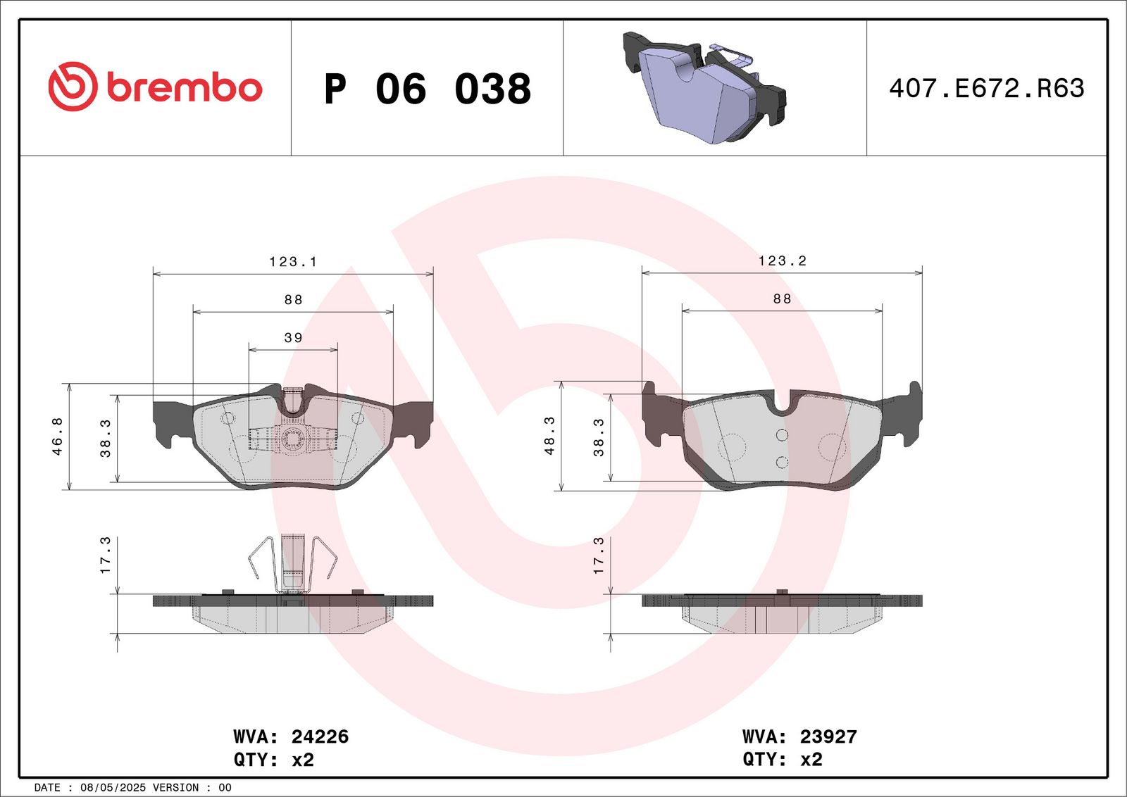 BREMBO P 06 038X - Bremsbelagsatz, Scheibenbremse