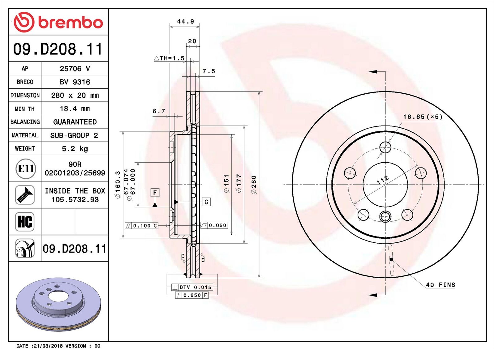 BREMBO 09.D208.11 - Bremsscheibe