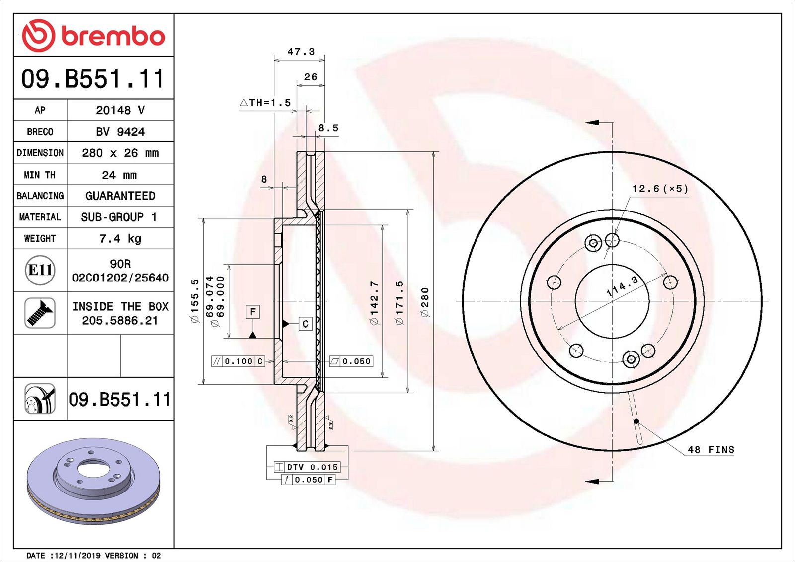 BREMBO 09.B551.11 - Bremsscheibe