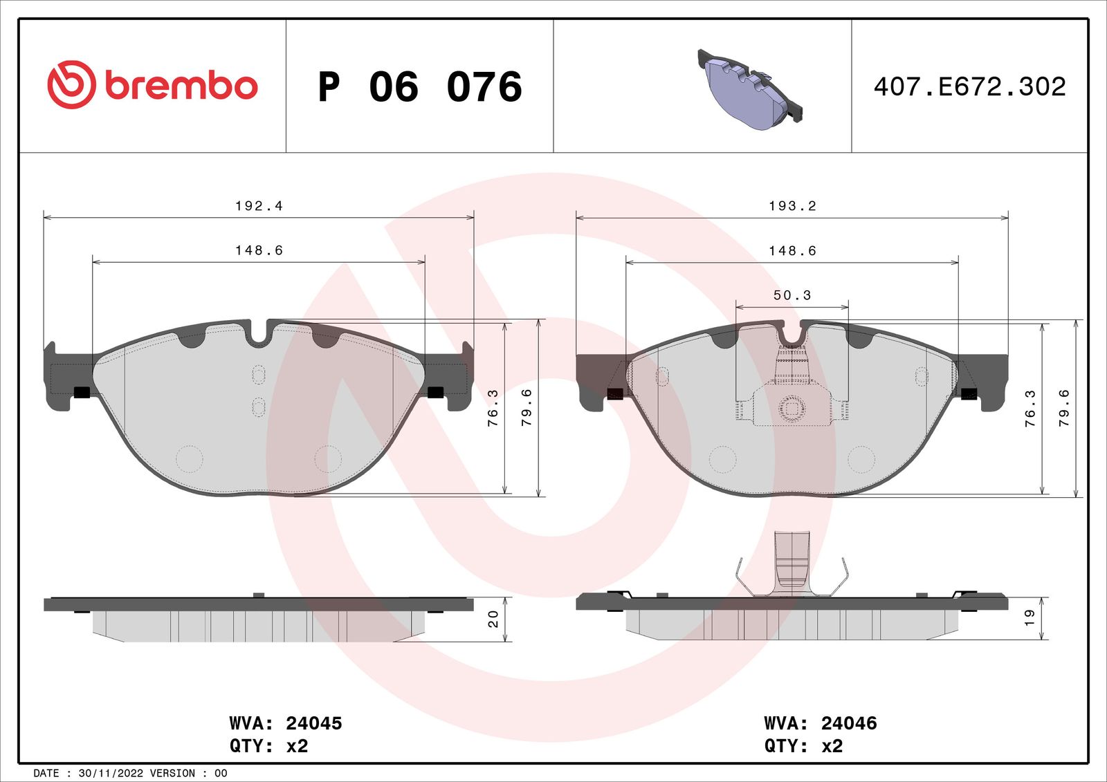 BREMBO P 06 076 - Bremsbelagsatz, Scheibenbremse
