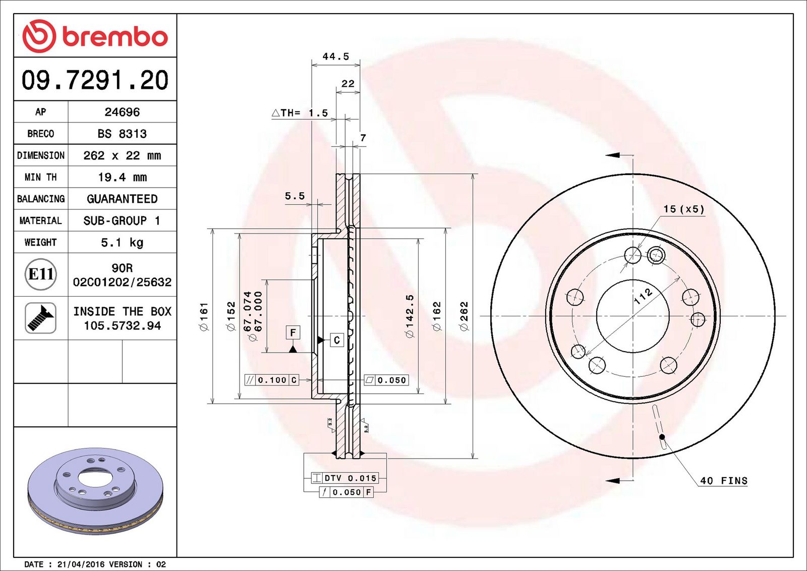 BREMBO 09.7291.20 - Bremsscheibe