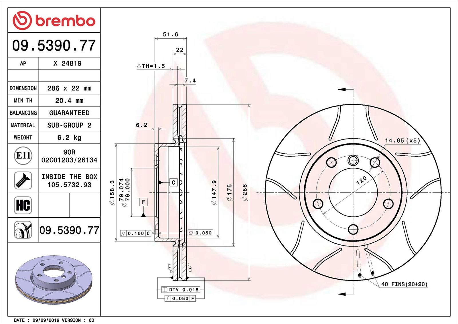 BREMBO 09.5390.77 - Bremsscheibe