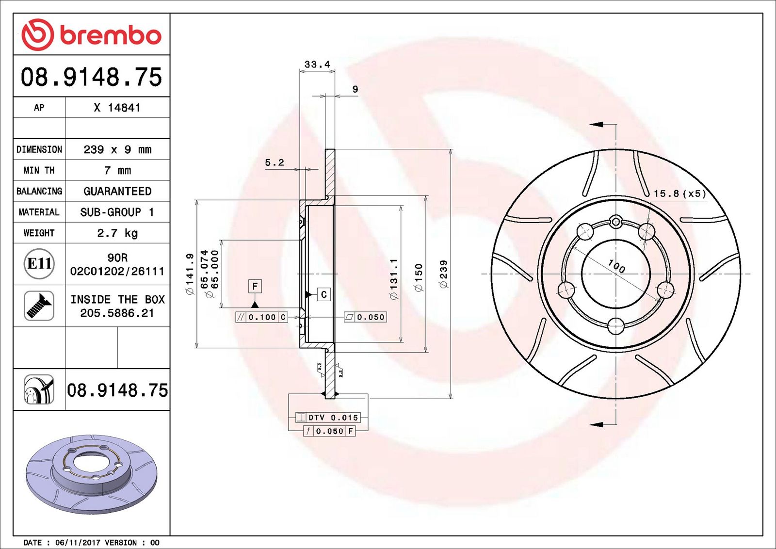 BREMBO 08.9148.75 - Bremsscheibe