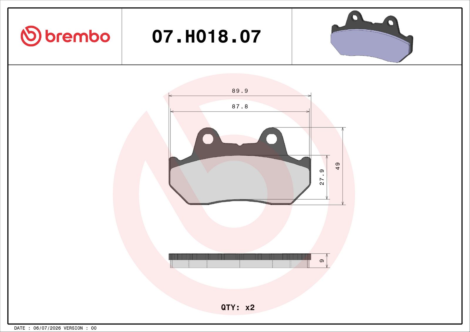 BREMBO 07HO1807 - Bremsbelagsatz, Scheibenbremse