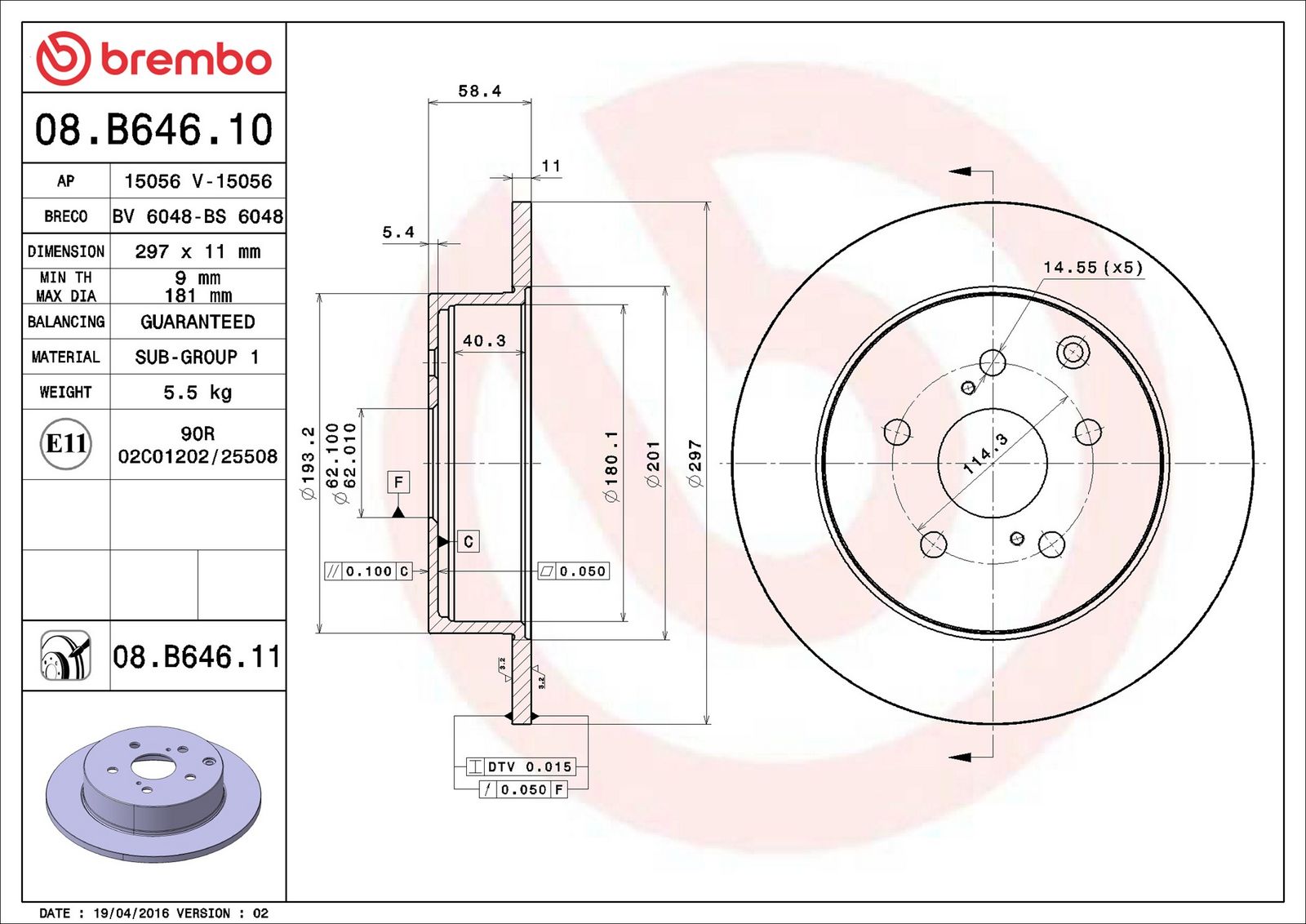 BREMBO 08.B646.11 - Bremsscheibe