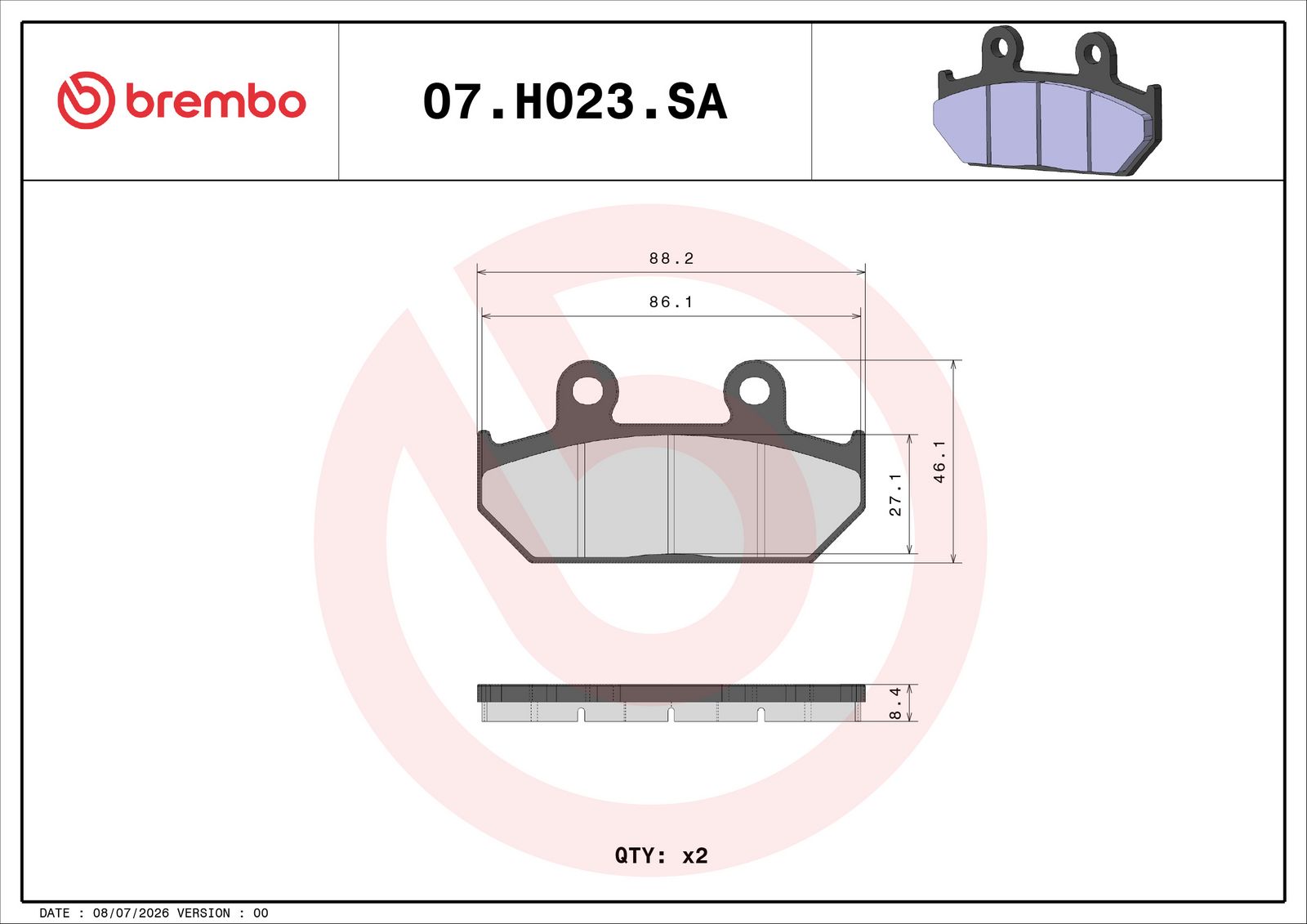 BREMBO 07HO23SA - Bremsbelagsatz, Scheibenbremse