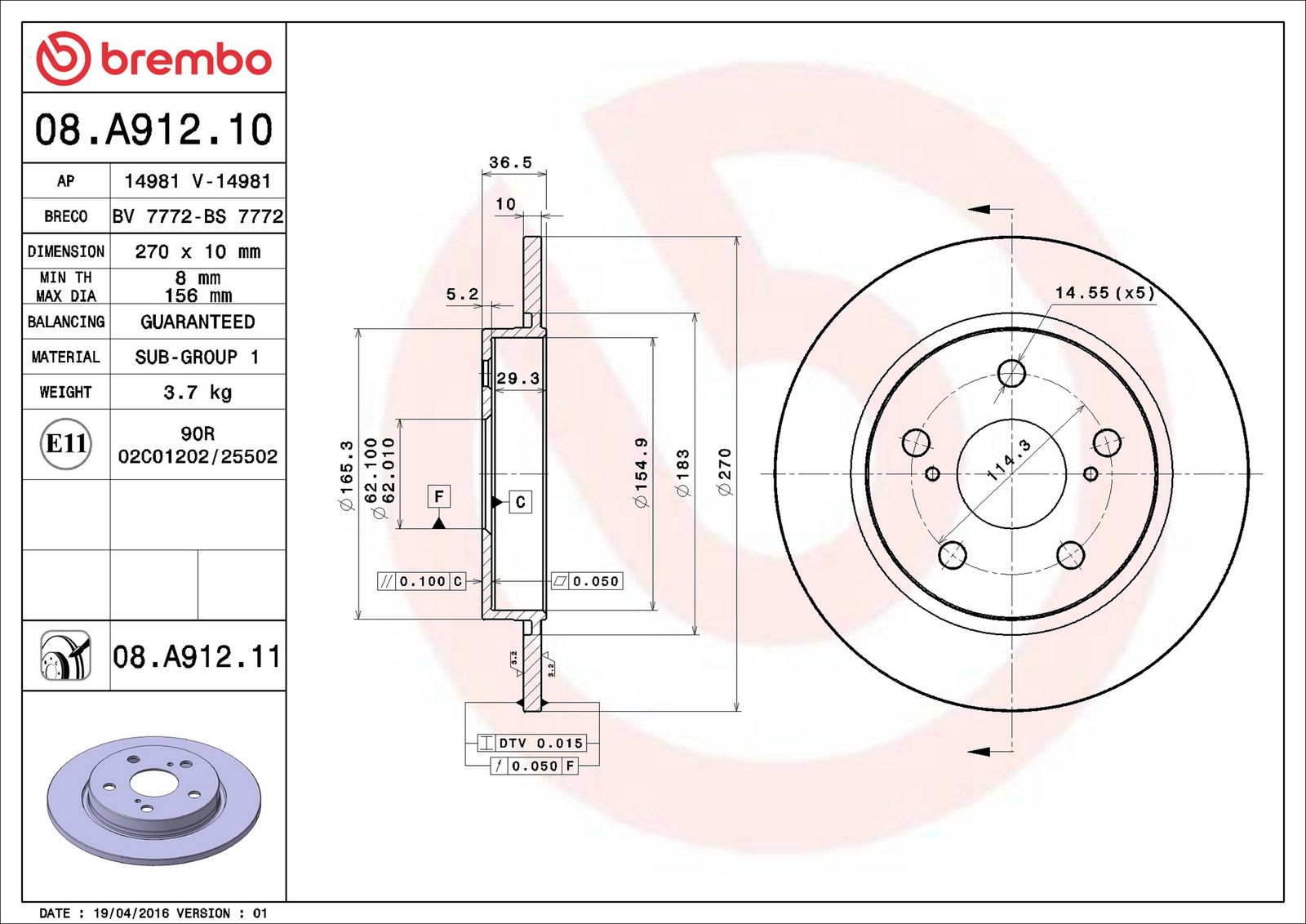 BREMBO 08.A912.11 - Bremsscheibe