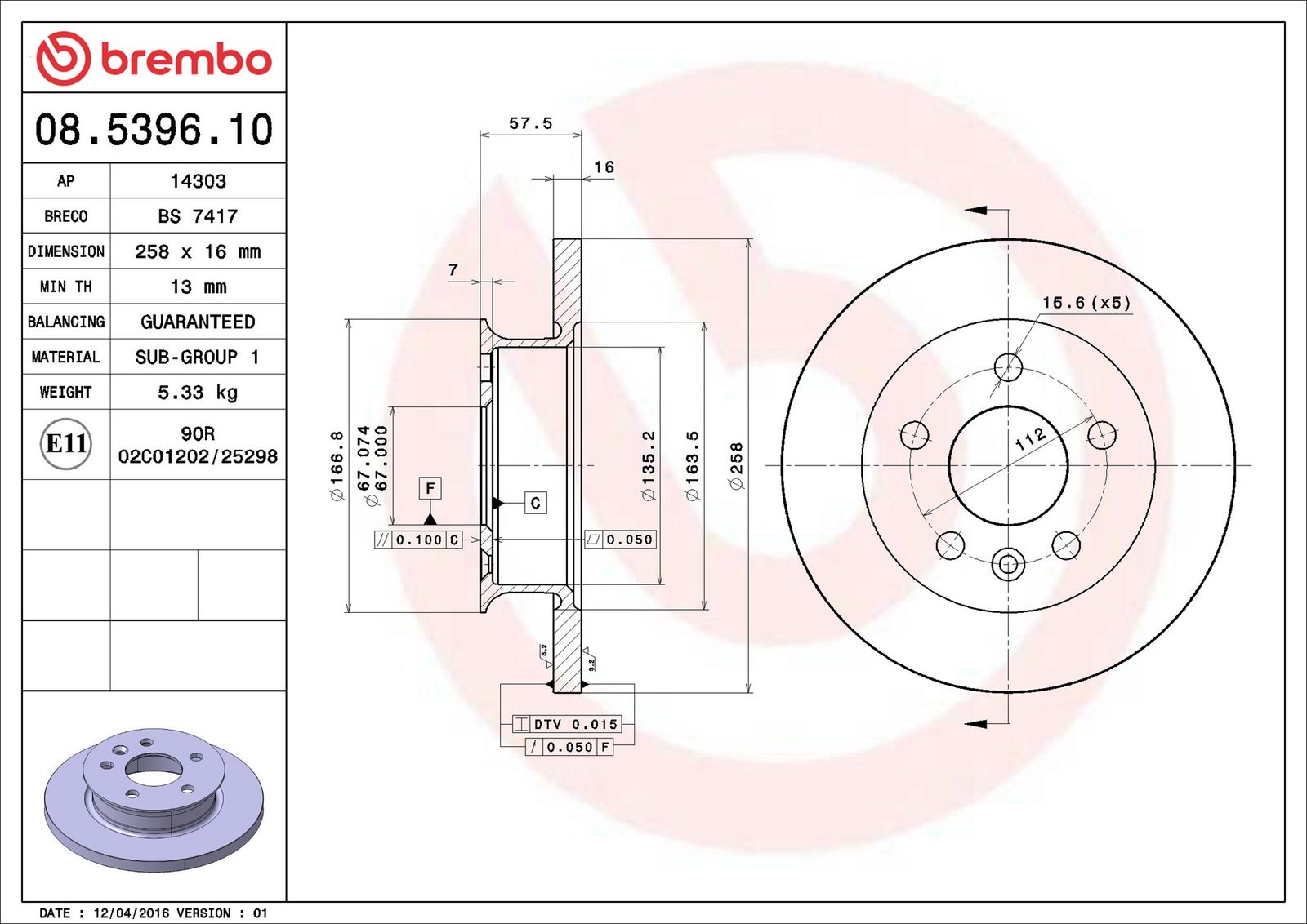 BREMBO 08.5396.10 - Bremsscheibe