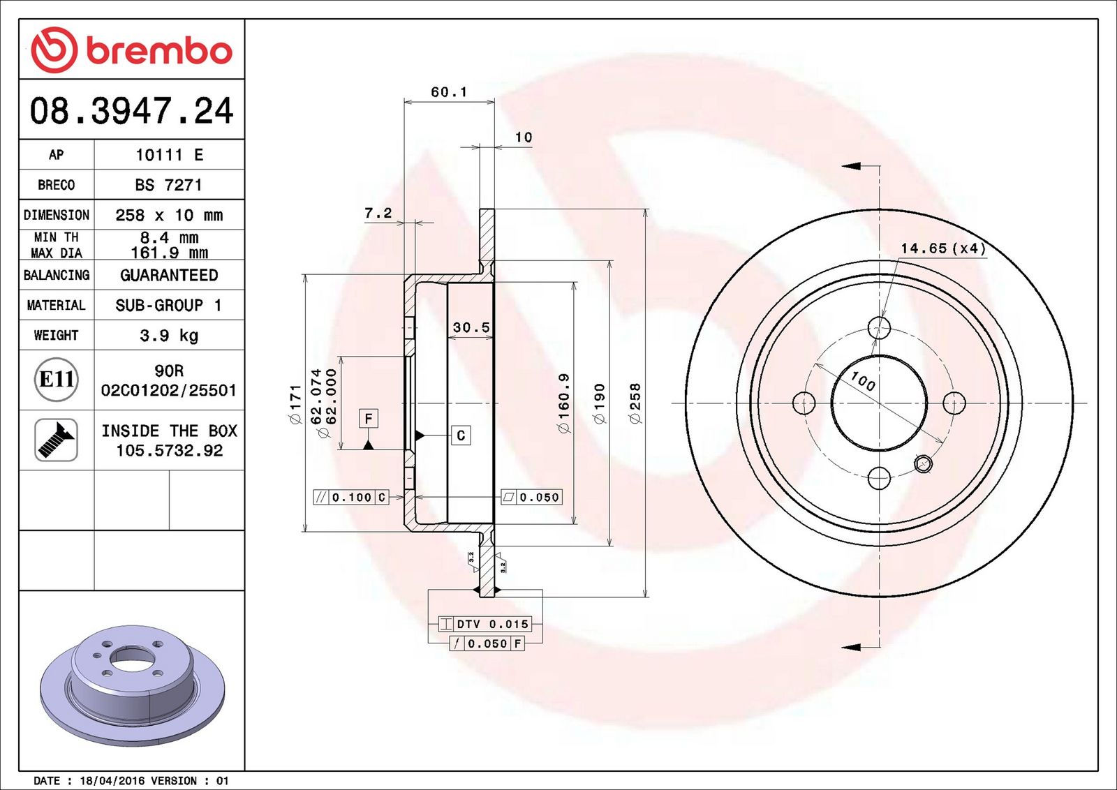 BREMBO 08.3947.24 - Bremsscheibe
