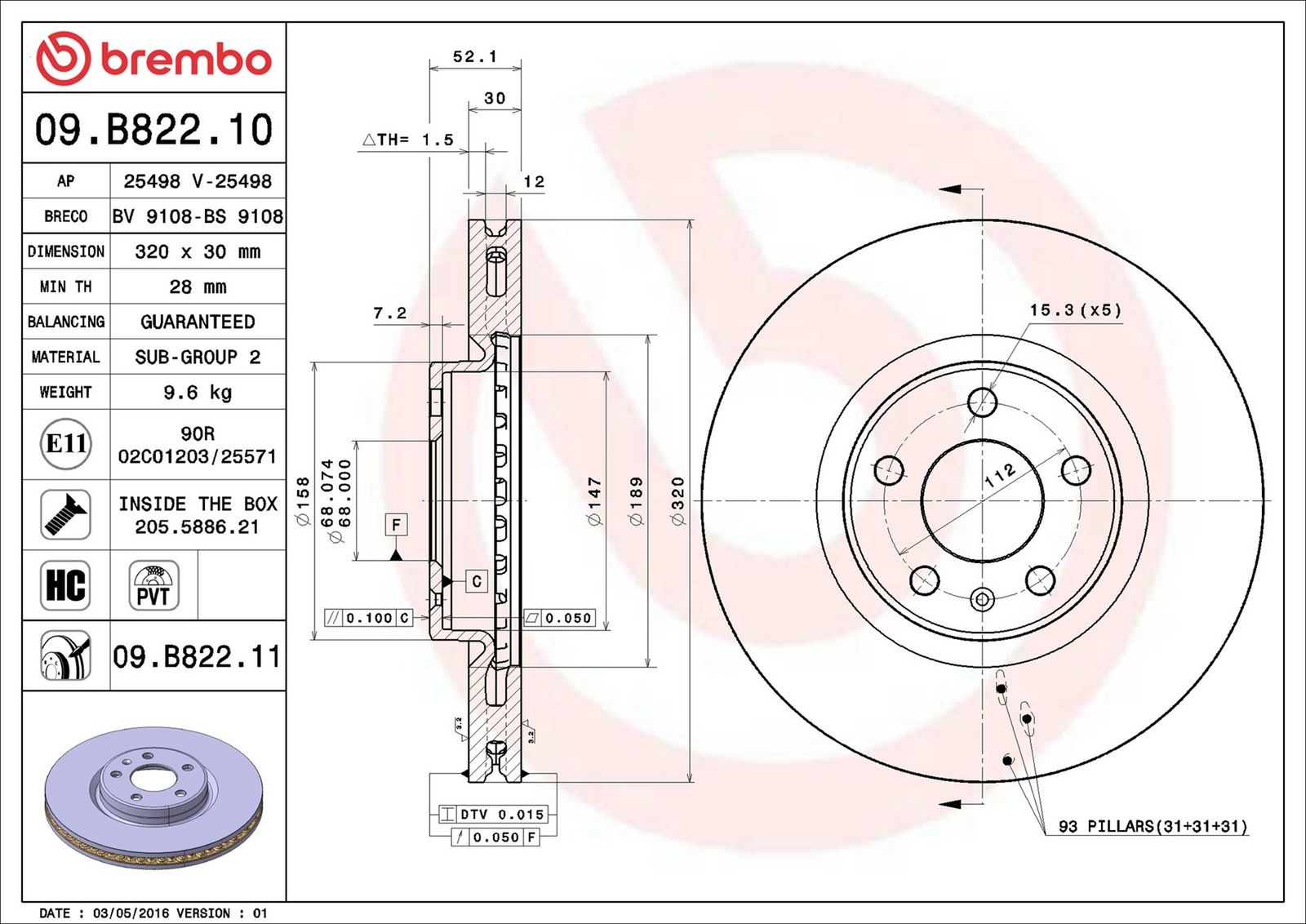 BREMBO 09.B822.11 - Bremsscheibe