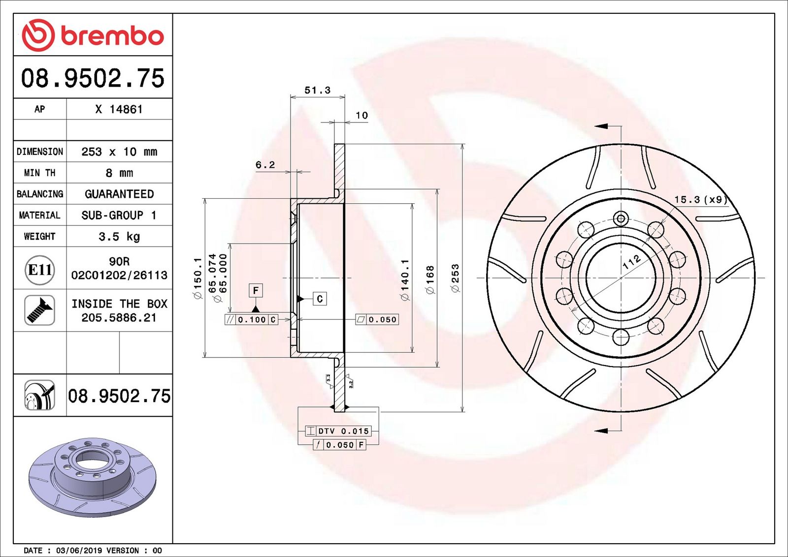 BREMBO 08.9502.75 - Bremsscheibe