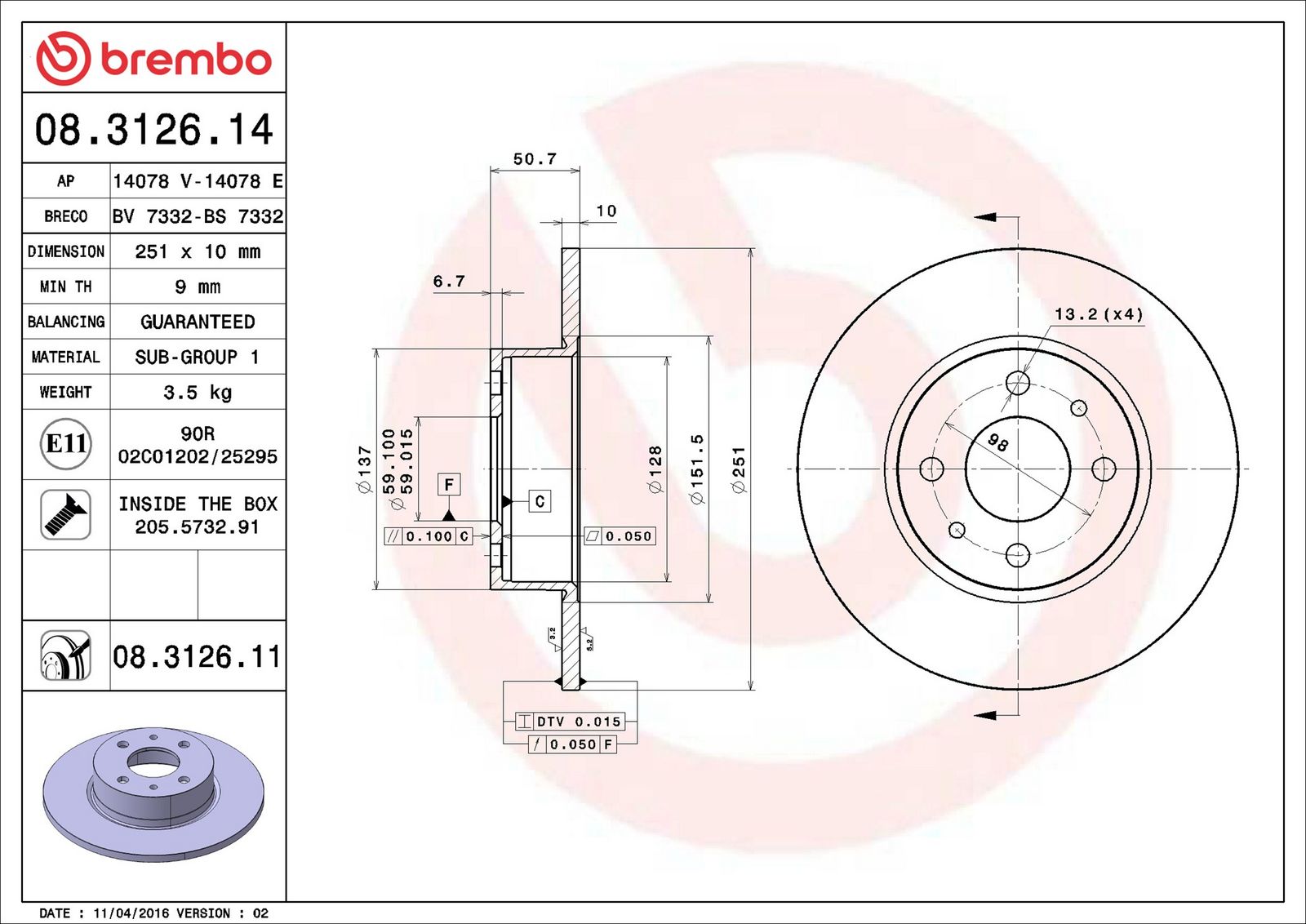 BREMBO 08.3126.11 - Bremsscheibe