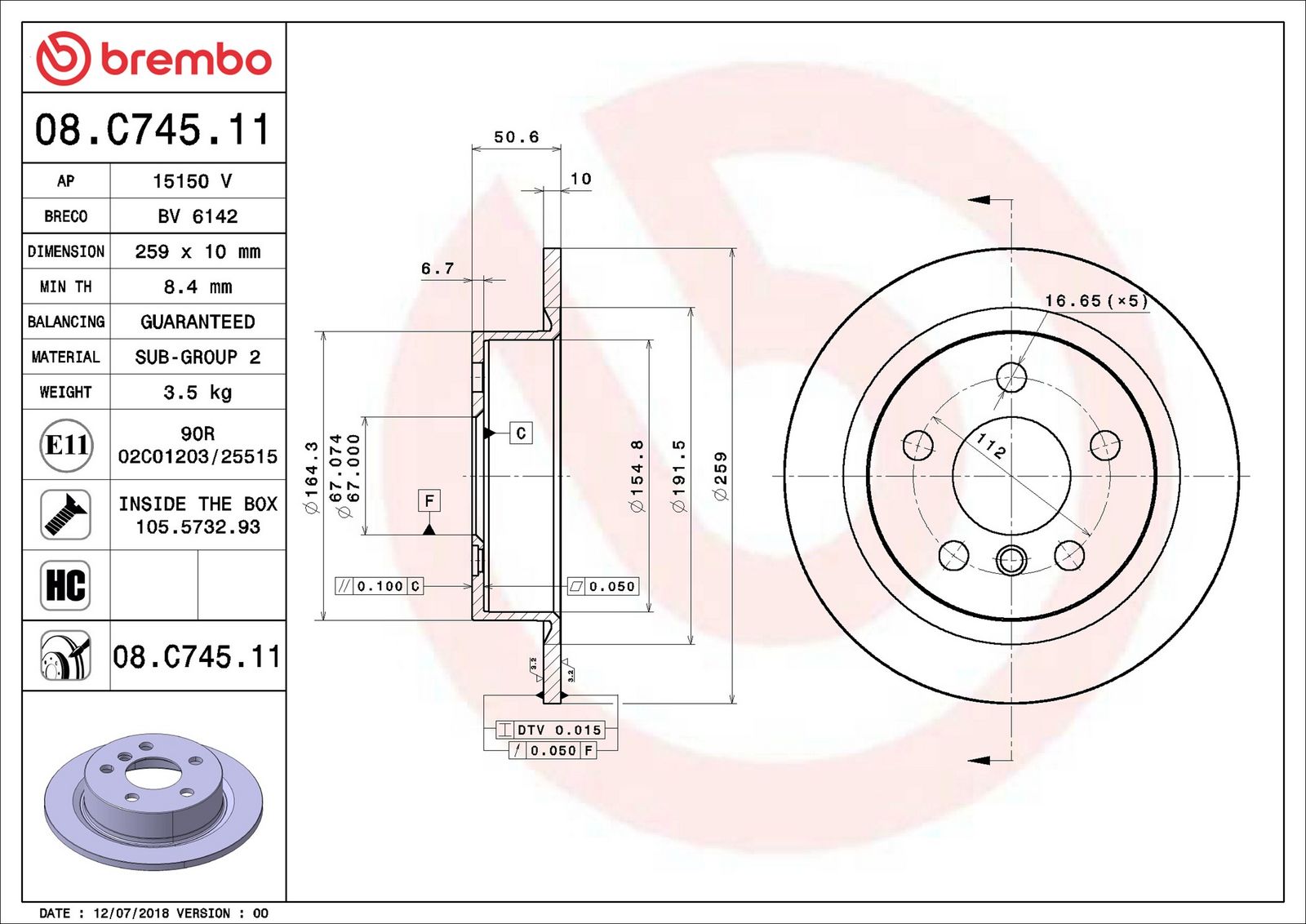 BREMBO 08.C745.11 - Bremsscheibe