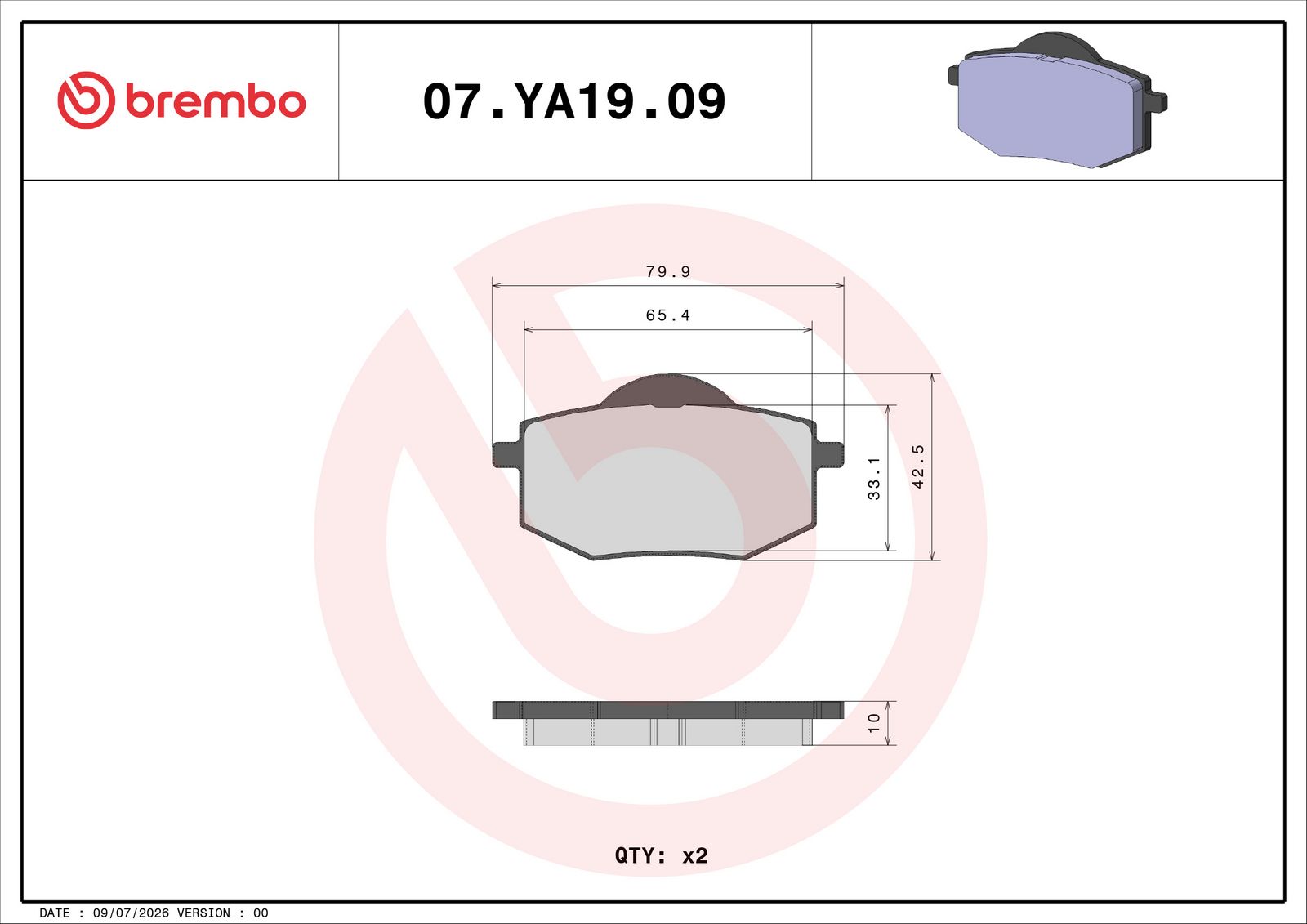 BREMBO 07YA1909 - Bremsbelagsatz, Scheibenbremse