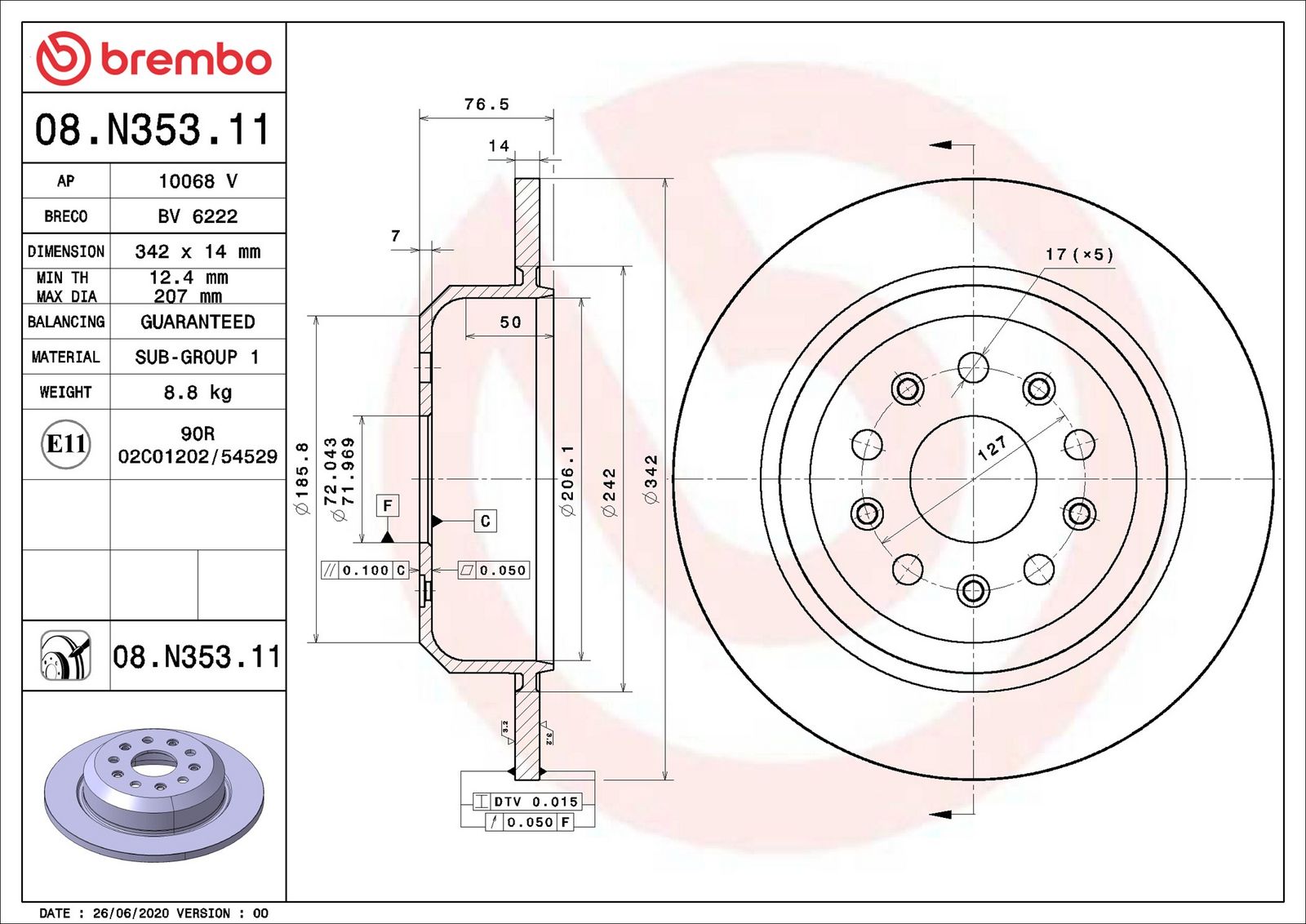 BREMBO 08.N353.11 - Bremsscheibe