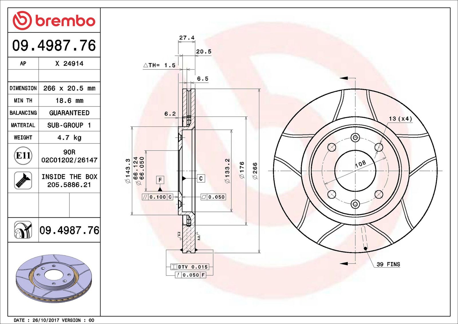 BREMBO 09.4987.76 - Bremsscheibe
