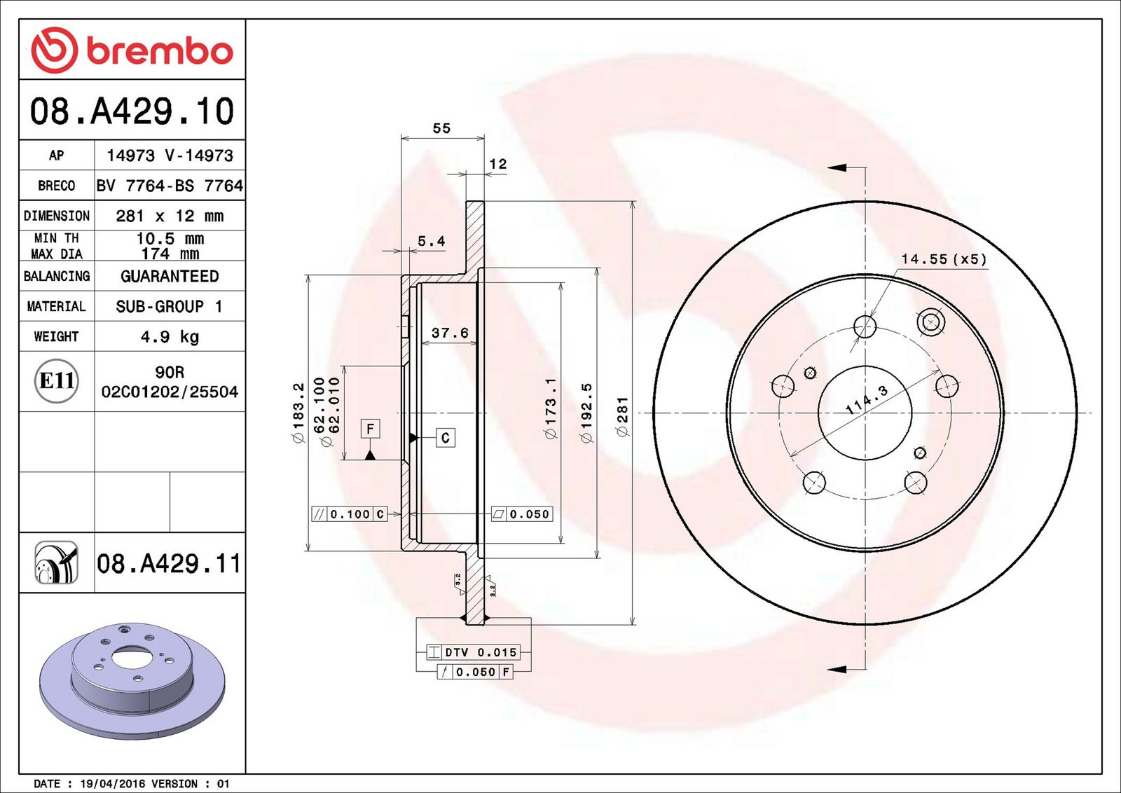 BREMBO 08.A429.11 - Bremsscheibe