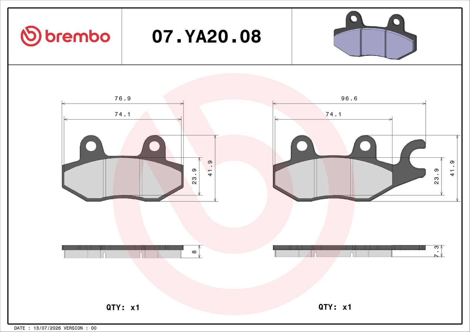 BREMBO 07YA2008 - Bremsbelagsatz, Scheibenbremse