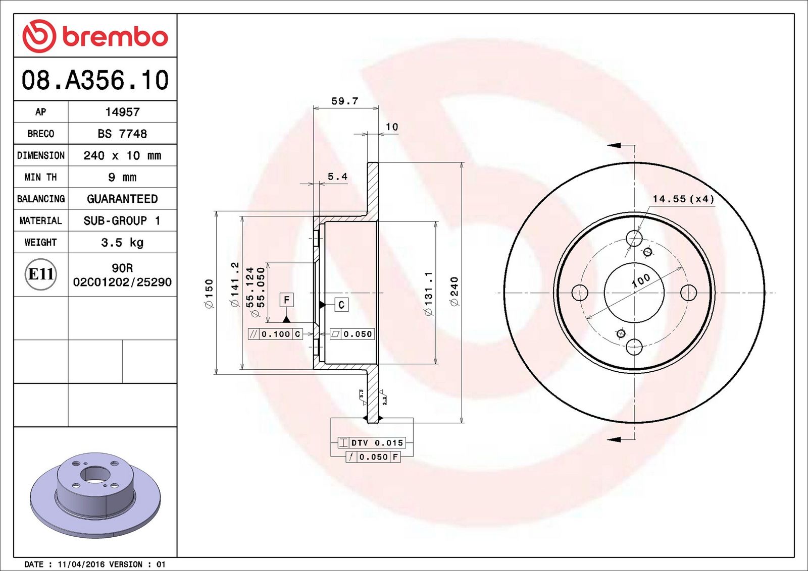 BREMBO 08.A356.10 - Bremsscheibe