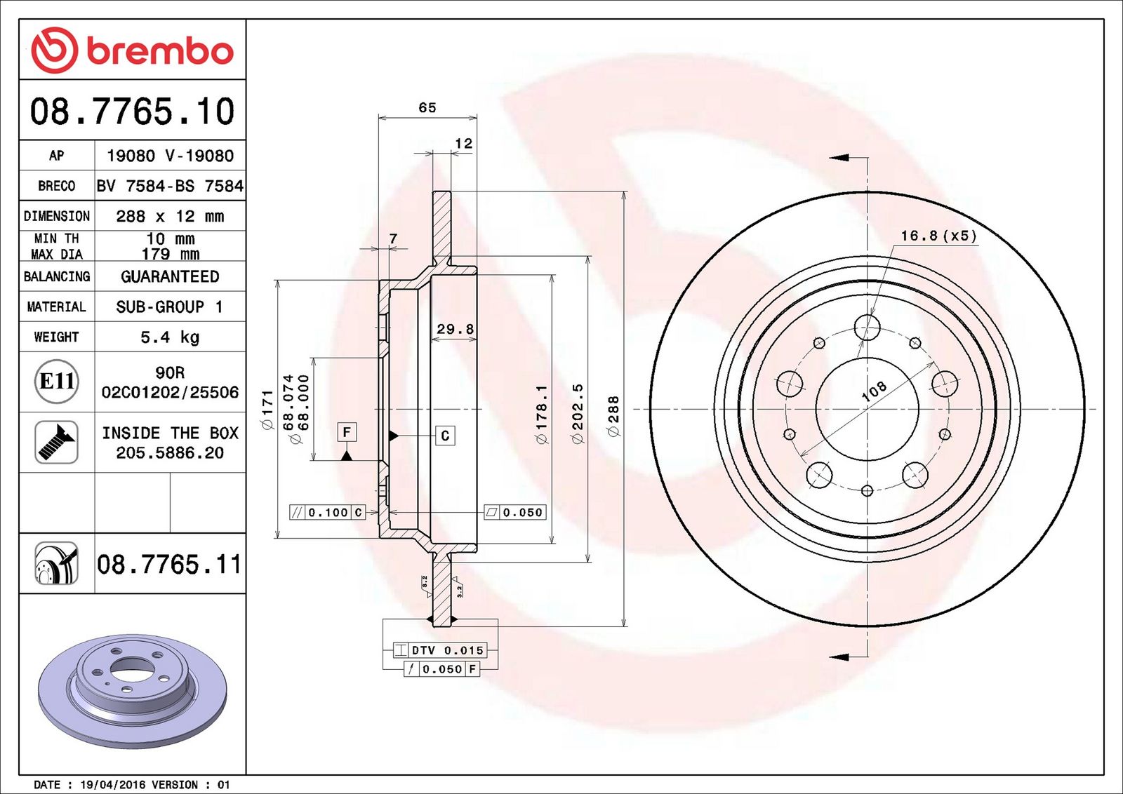 BREMBO 08.7765.11 - Bremsscheibe