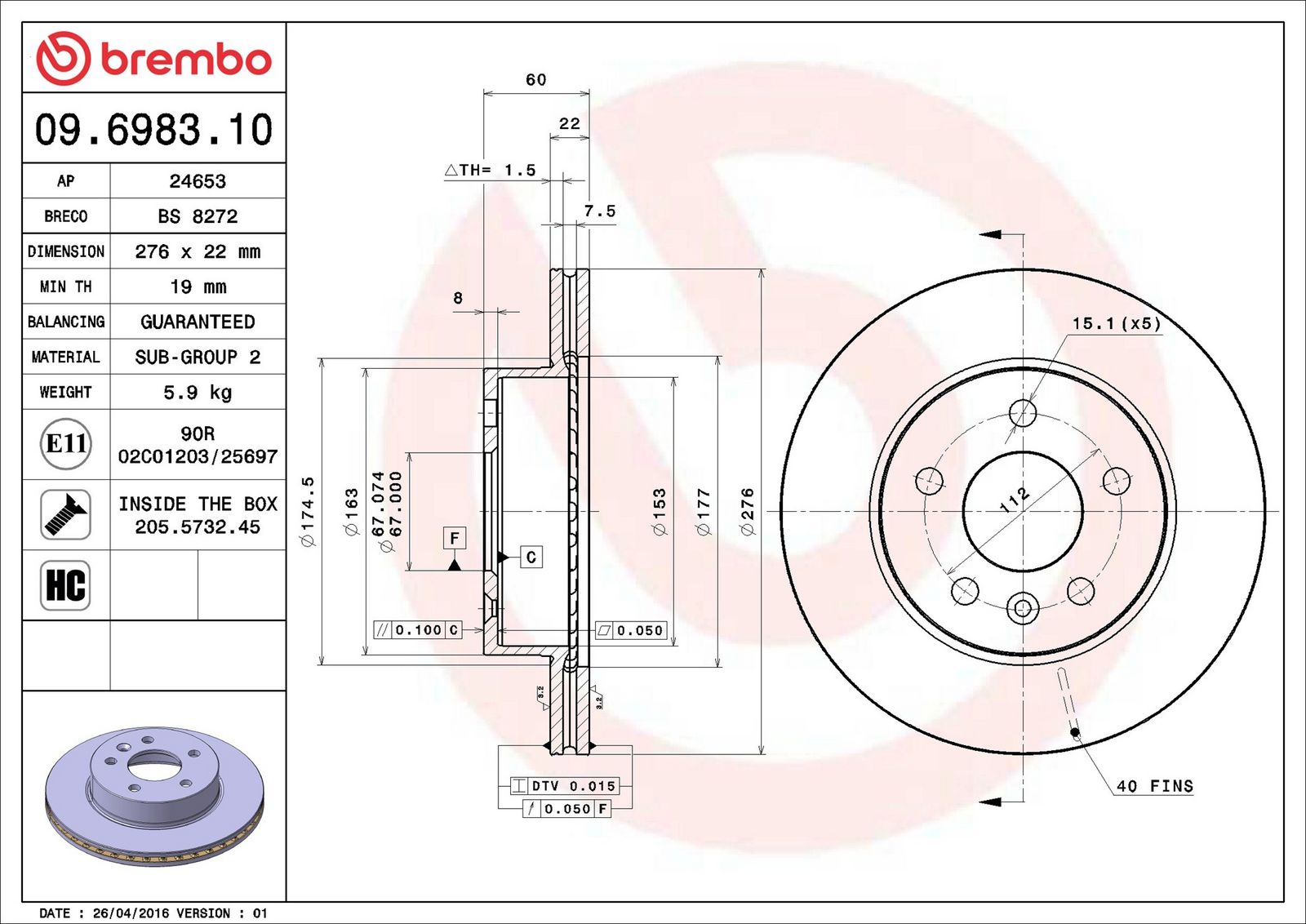 BREMBO 09.6983.10 - Bremsscheibe