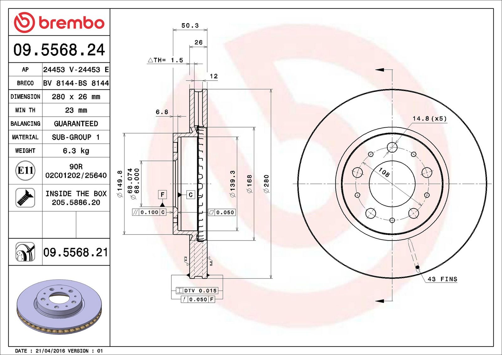 BREMBO 09.5568.21 - Bremsscheibe