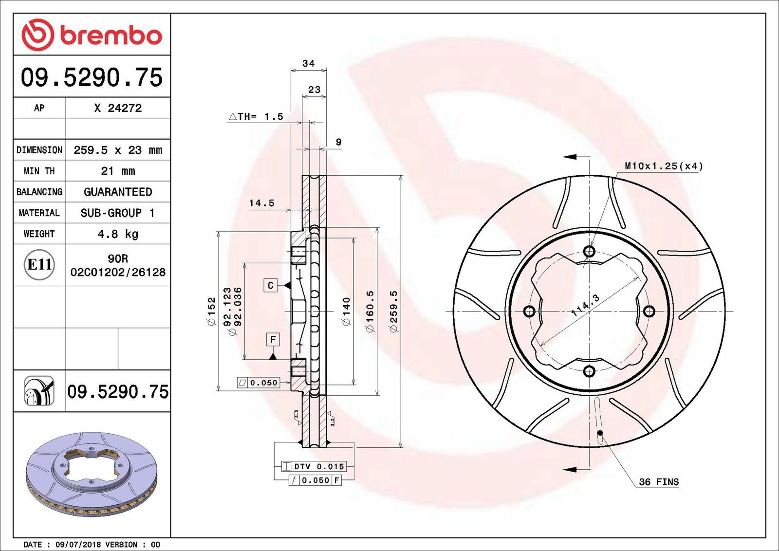 BREMBO 09.5290.75 - Bremsscheibe
