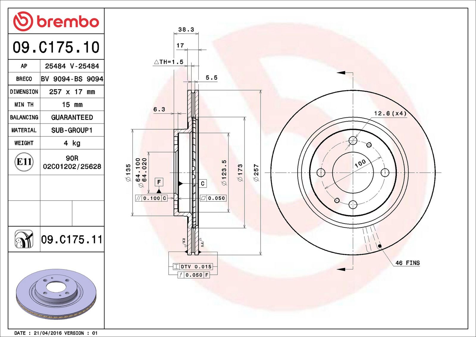 BREMBO 09.C175.11 - Bremsscheibe