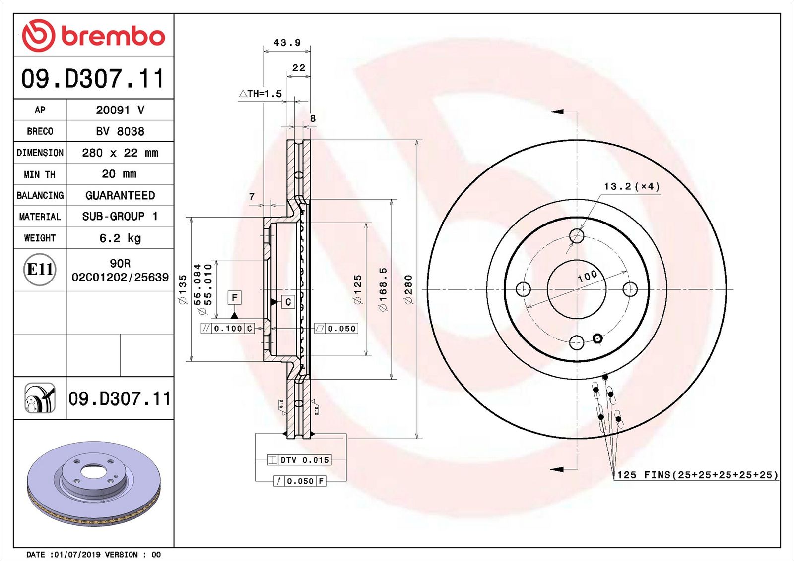 BREMBO 09.D307.11 - Bremsscheibe