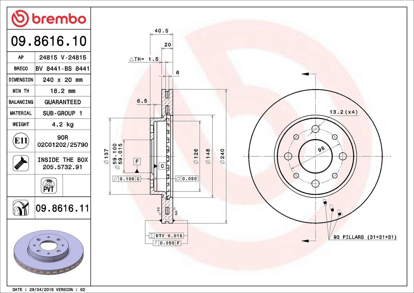BREMBO 09.8616.11 - Bremsscheibe