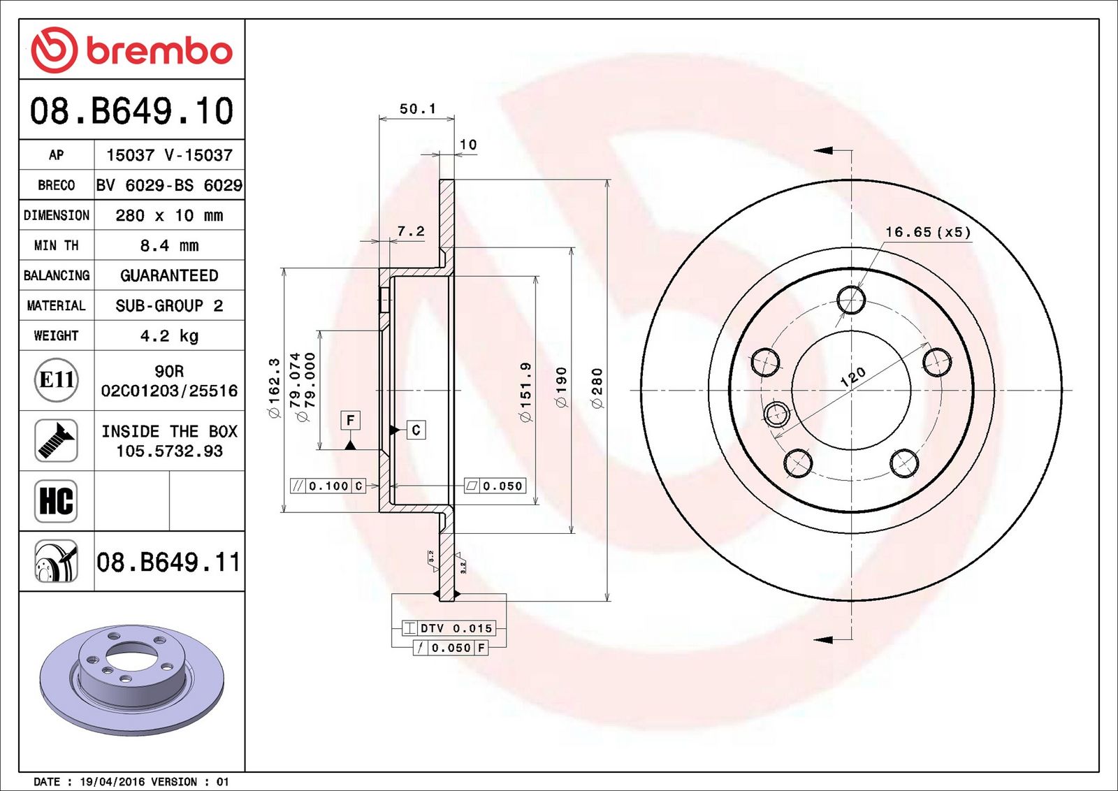 BREMBO 08.B649.11 - Bremsscheibe