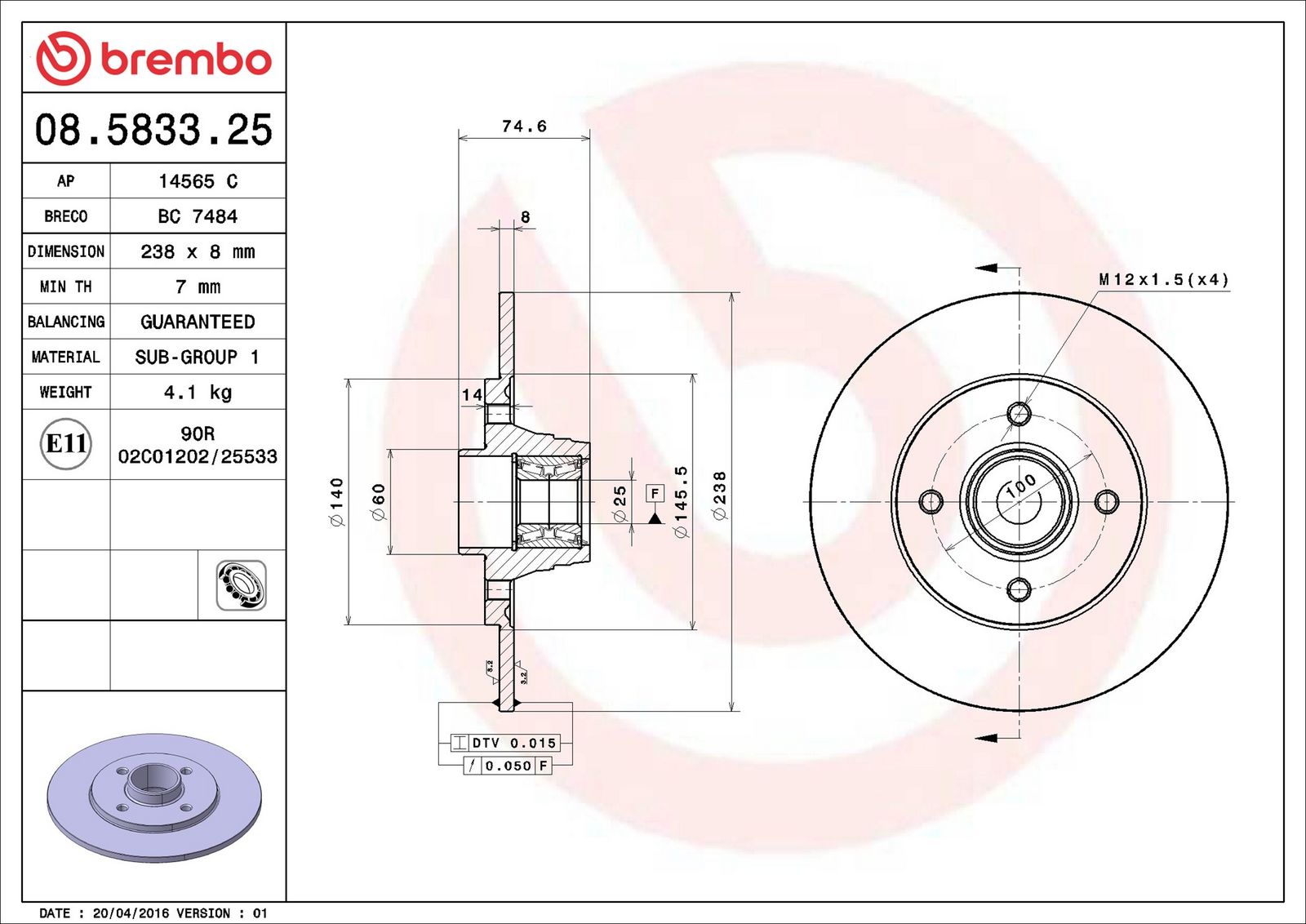 BREMBO 08.5833.25 - Bremsscheibe