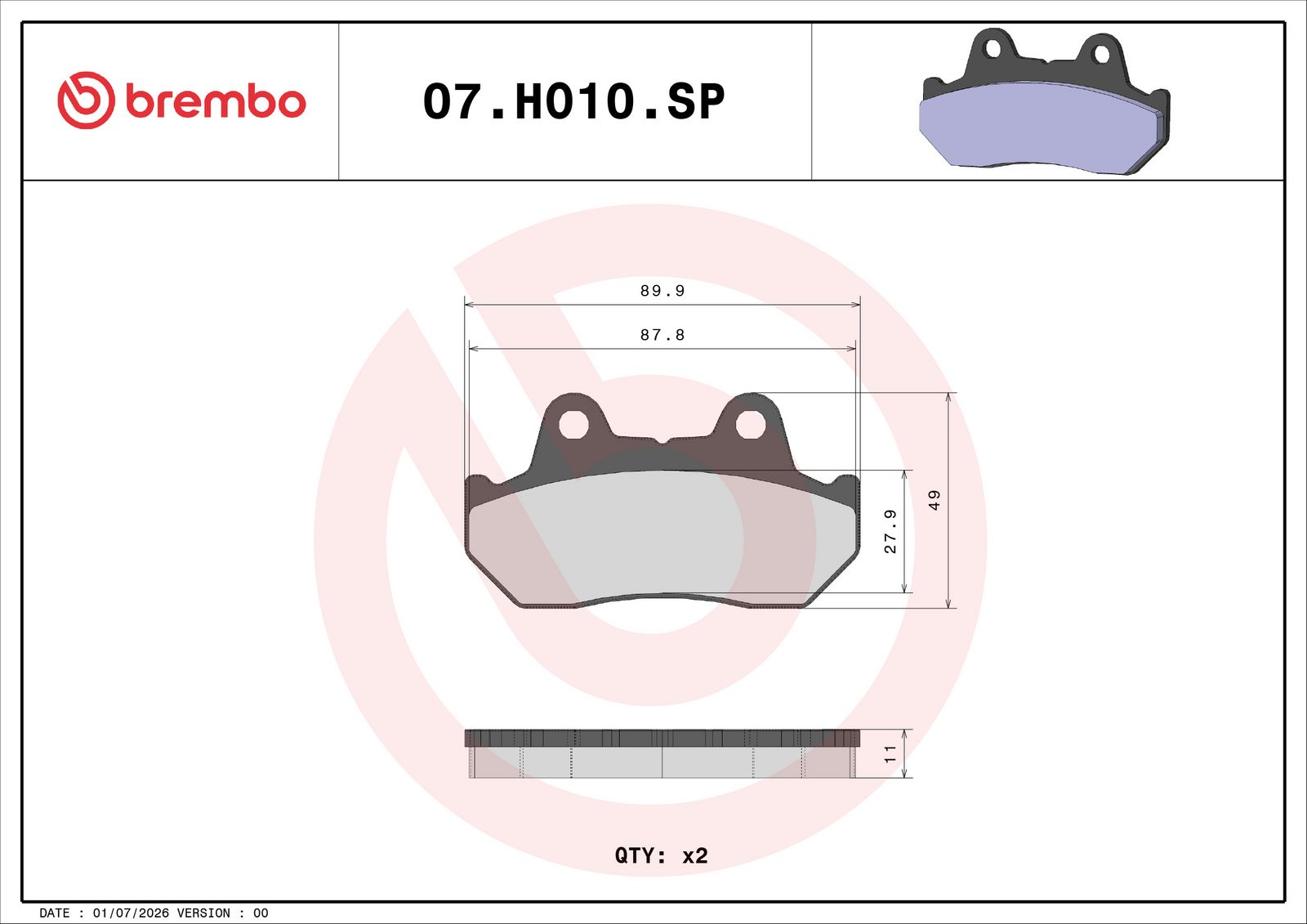 BREMBO 07HO10SP - Bremsbelagsatz, Scheibenbremse